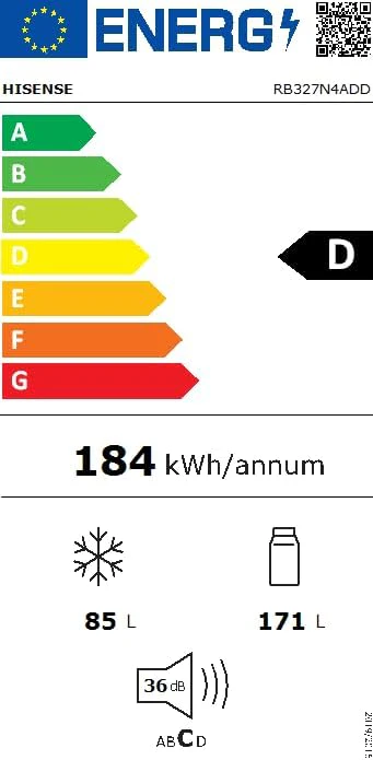 Hisense RB327N4ADD Koelvriescombinatie, EEK D, Total NoFrost, Verwisselbare Deurscharnieren, Flessenrek, 171 Liter Koelgedeelte, 85 Liter Vriesgedeelte, Roestvrijstalen look