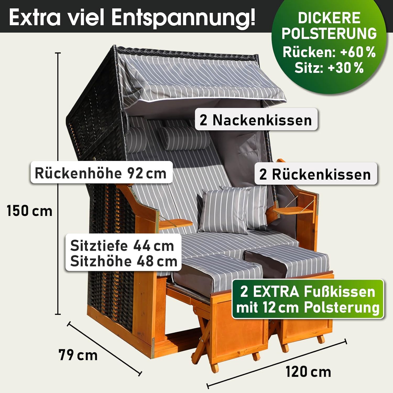 BRAST® Strandkorb Rügen Deluxe | für 2 Personen | 120cm breit | 5 Designs | inkl. wetterfeste Abdeckhaube | verstellbare Rückenlehne weiches Fußkissen | Anthrazit/Grau - gestreift