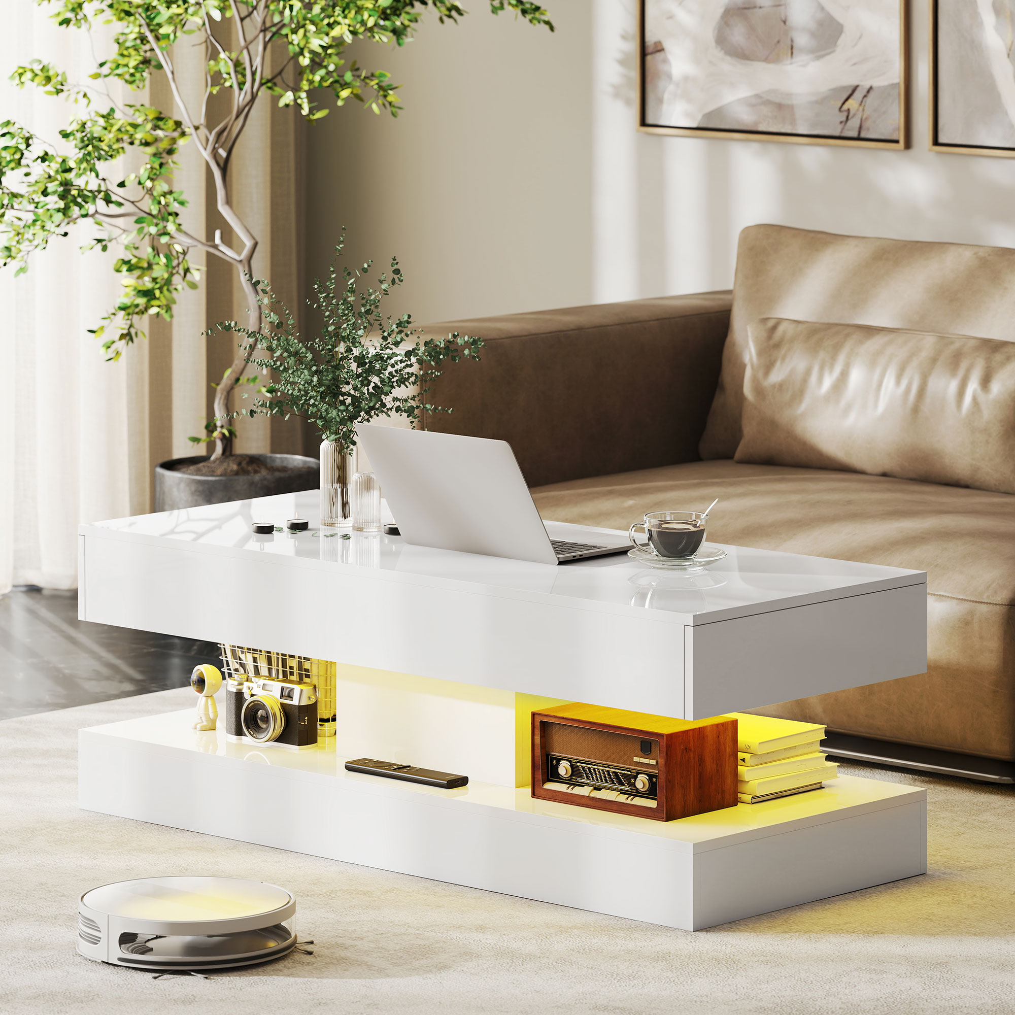 Salontafel met Lades en LED-verlichting, moderne Sofatafel met open opbergruimte, Salontafel, Spaanplaat, Wit