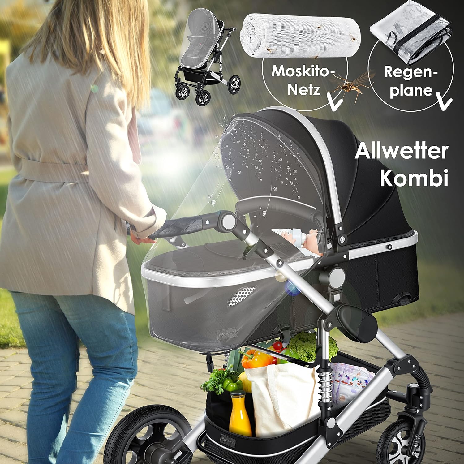KESSER® Loops 3 in 1 Kinderwagen Kombikinderwagen Komplett-Set inkl. Babywanne & Buggy Sportsitz & Auto-Babyschale Voll-Gummireifen Wickeltasche Regenschutz Kindertisch ECE R129, Schwarz/Champagne