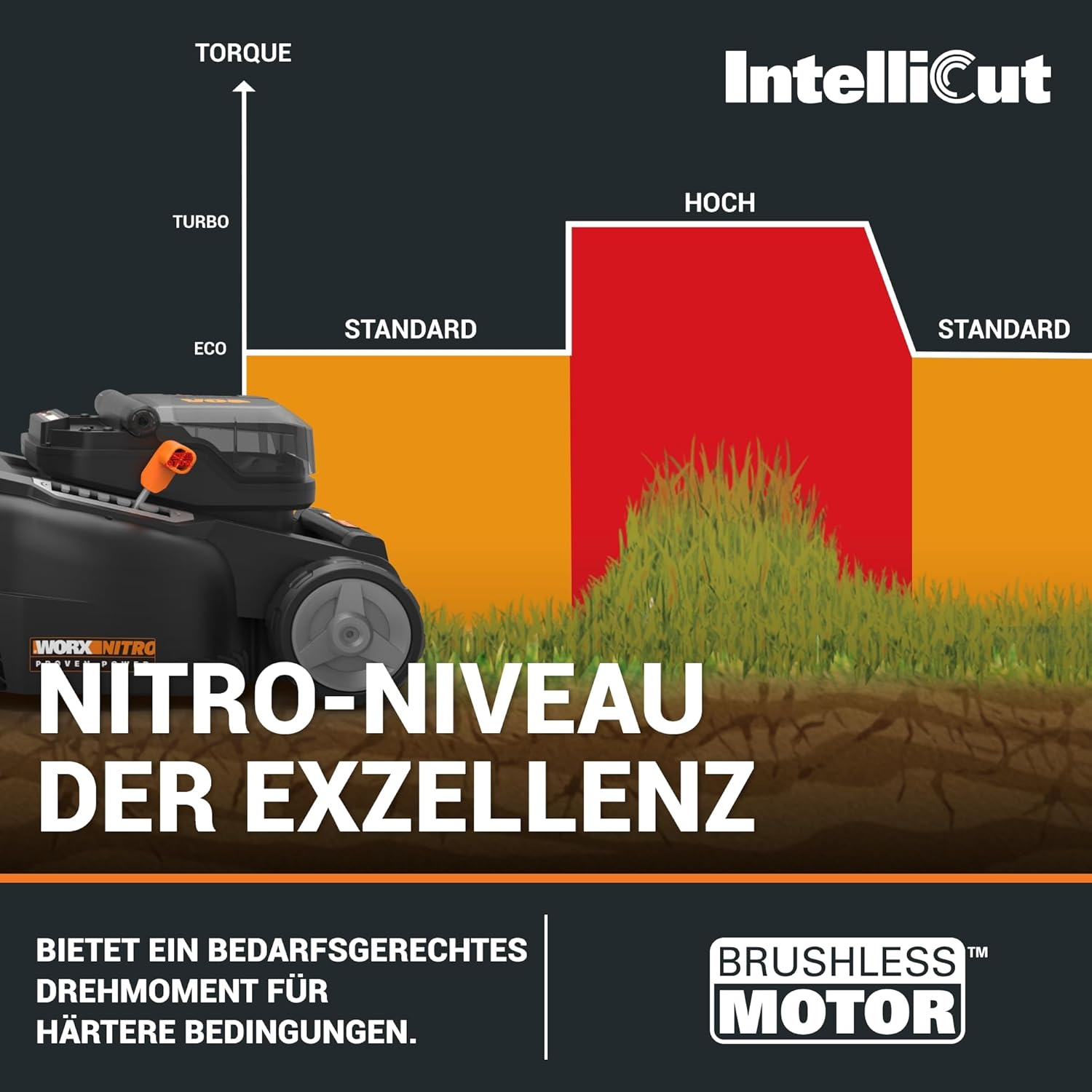 WORX WG737E Nitro Akku-Rasenmäher 40V(2x20V) - leistungsstarke bürstenloser Motor - 37cm Schnittbreite - 6 Schnitthöhenstufe (20-70mm) - 40L Grasfangsack - inkl. 2x4Ah Akkus & Dual-Ladengerät