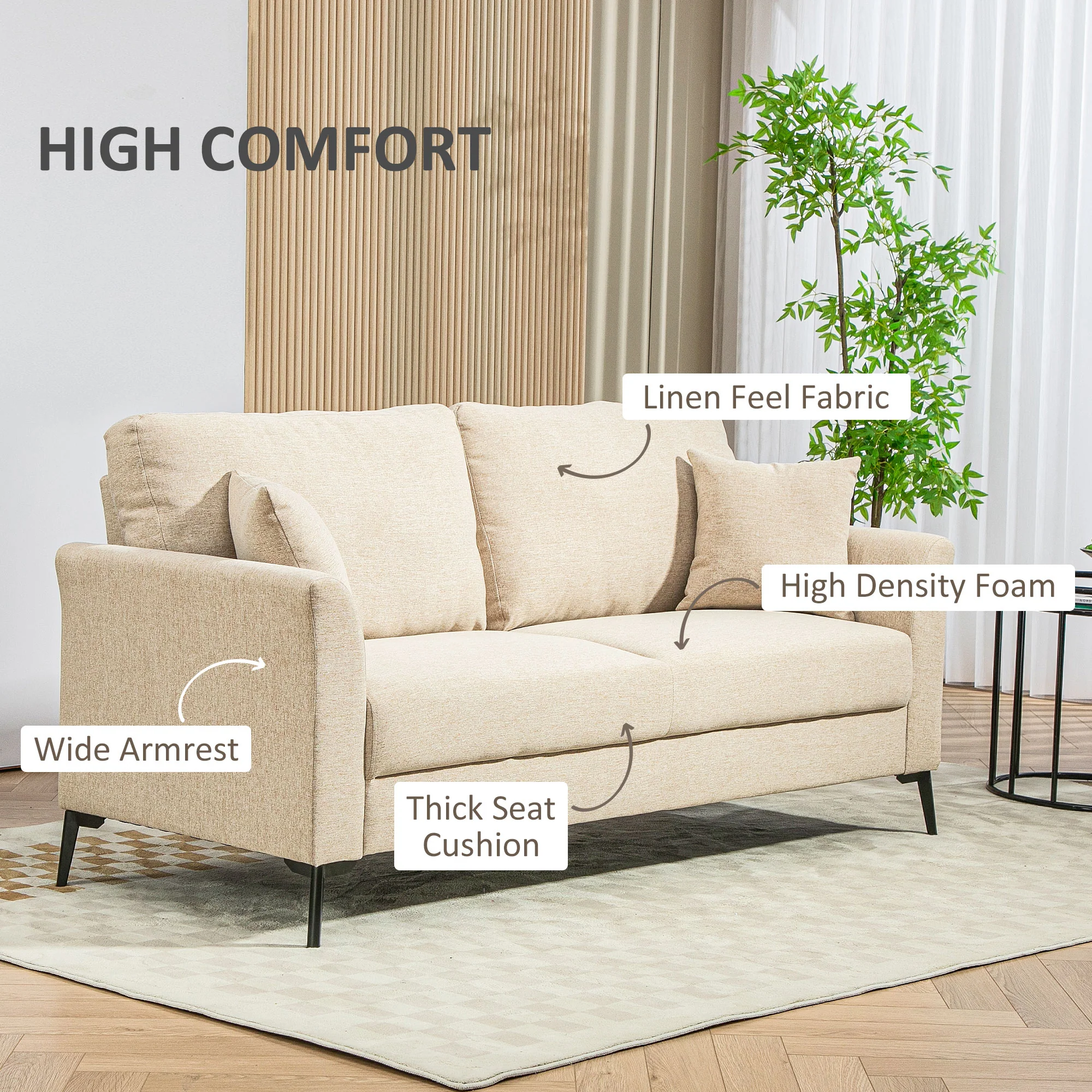 HOMCOM 2-zitsbank met veren, dikke bekleding, tot 360 kg, 179 x 80 x 89 cm, Beige