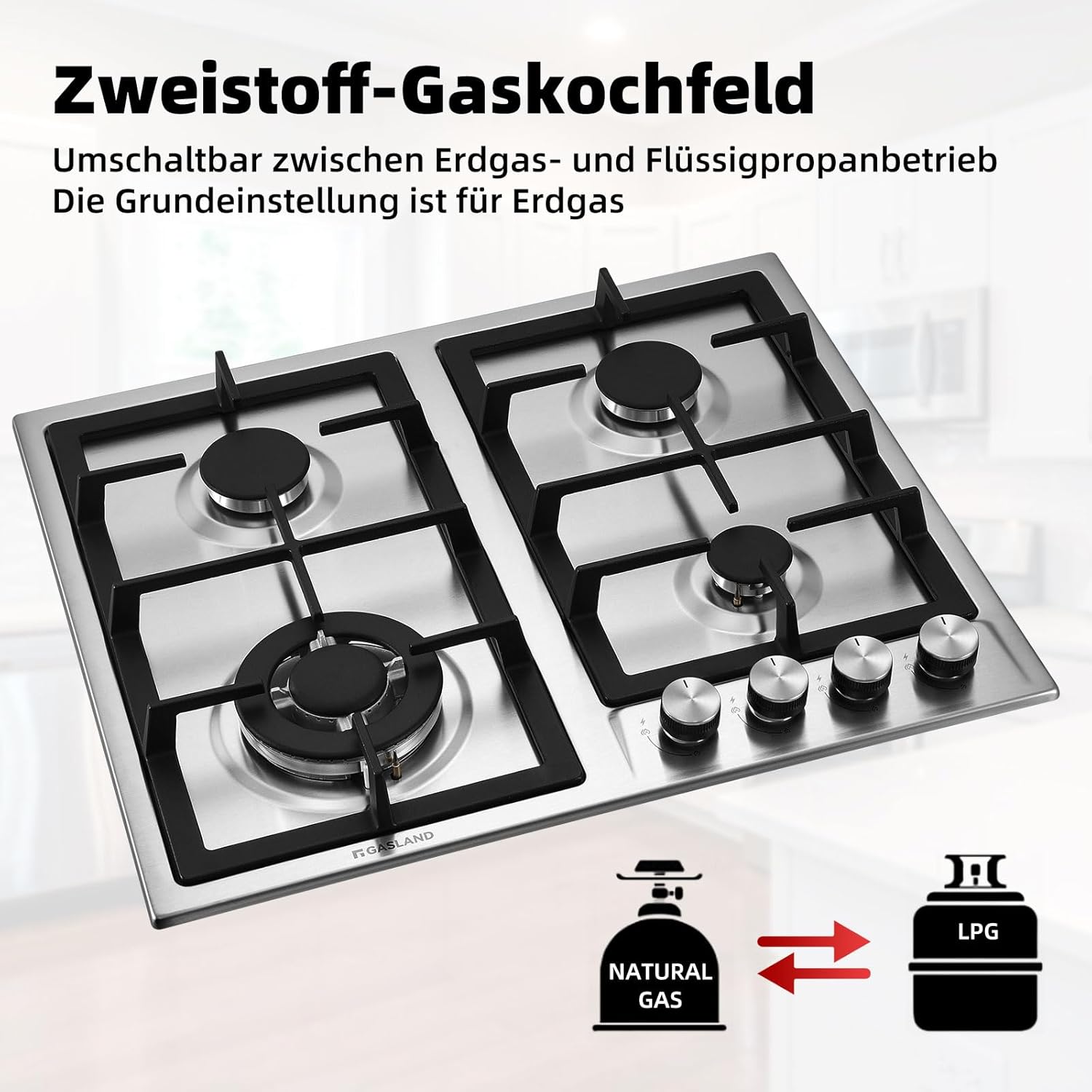GASLAND GH60SF Einbau Gaskochfeld Edelstahl 4 Flammig, Gas Einbau Autark Gaskochfeld, 8000 W Butan-Gasherd, LPG/Erdgas