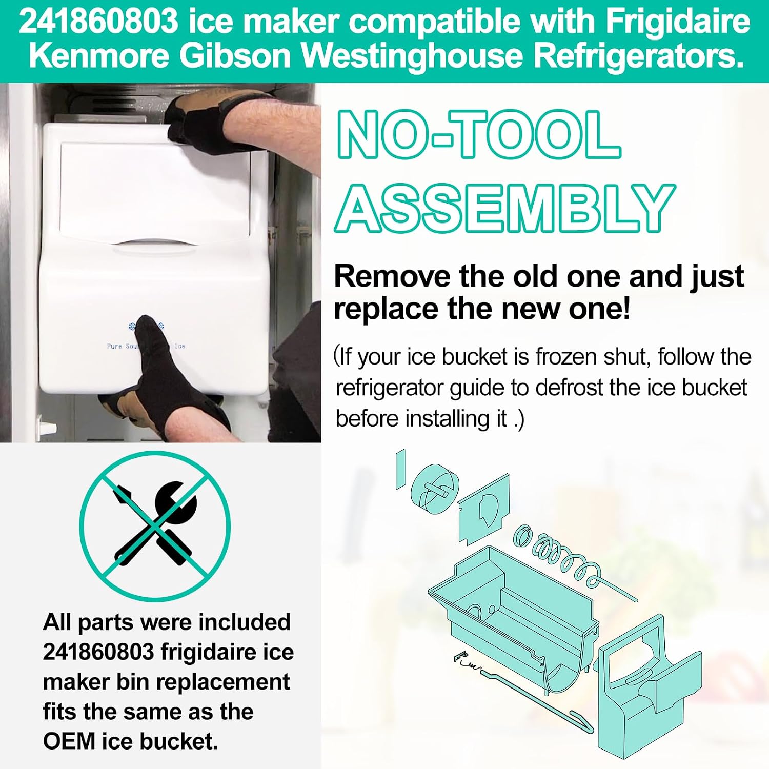 Upgraded 241860803 Kühlschrank-Eiskübel Montage Kompatibel mit Frigidaire Ice Maker Ersatz Eisbehälter Teile AP4300918 LFSS2612TF0 LFSS2612TE0 FFSS2615TS0 FFHS2611PFEA Eismaschine