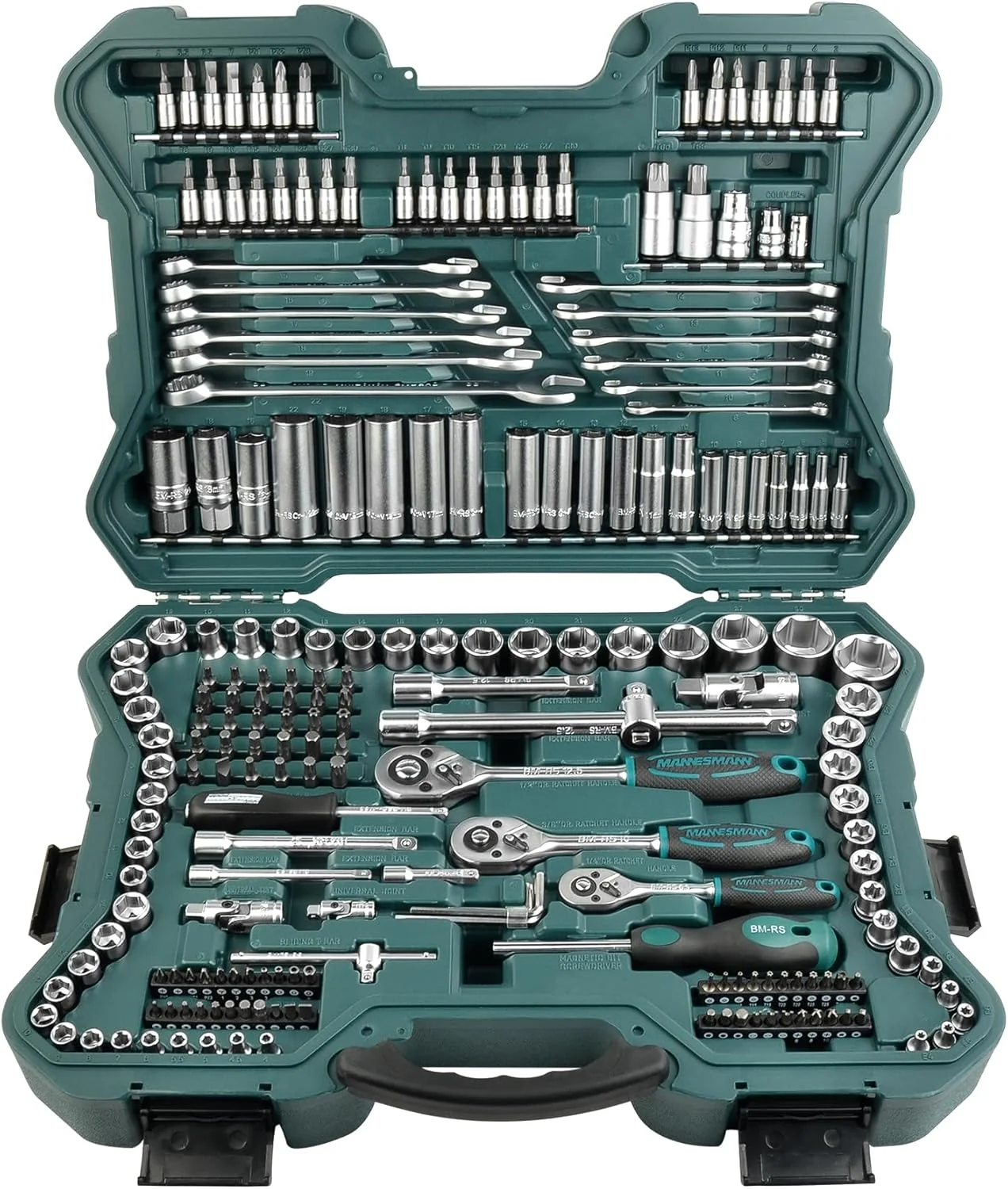 Mannesmann M98430 - Maletín con llaves de vaso y otras herramientas (215 piezas, tamaño: 12x36x51 cm), Color Verde Mannesmann