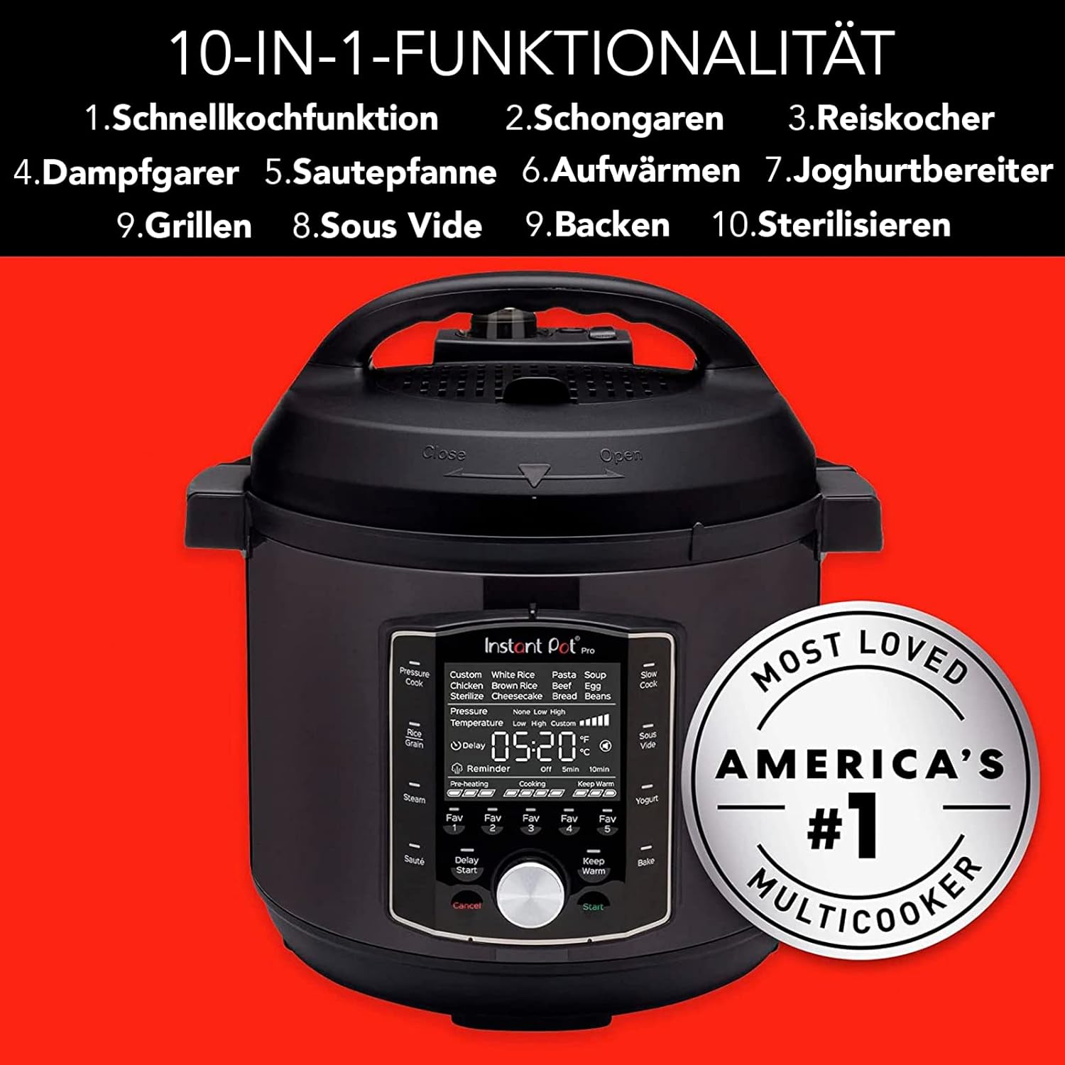 Instant Pot Pro 10-in-1-Elektro-Multikocher 1200 W, 5,7 L – Schnellkochtopf, Schongarer, Reiskocher, Dampfgarer, Sautierpfanne, Sterilisator, Joghurtbereiter, Sous Vide Gert – Schwarzer Edelstahl