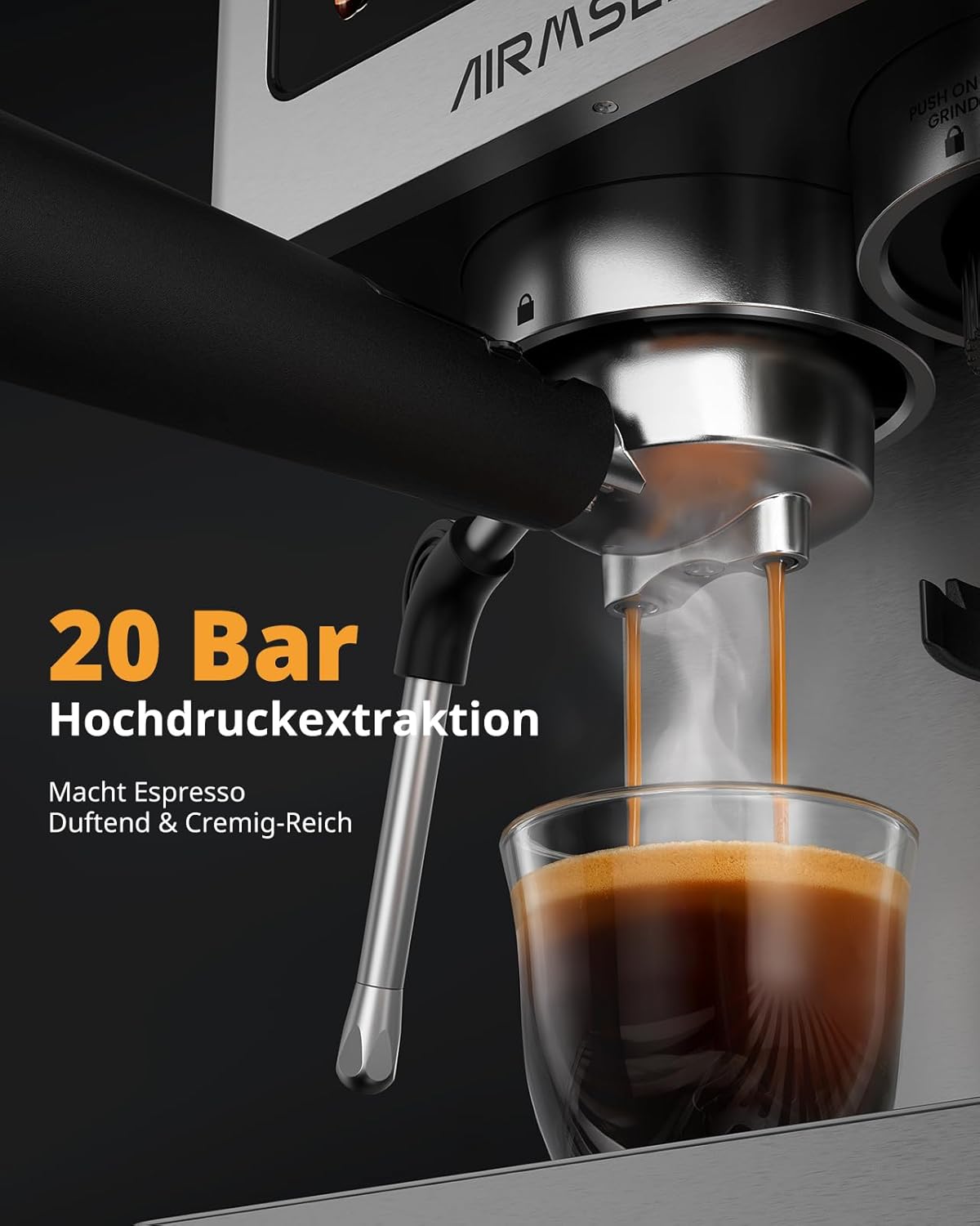 AIRMSEN 20 Bar Siebträgermaschine mit Kegelmahlwerk & Milchschäumer, 1.8L Wassertank, Edelstahl Espressomaschine Kaffeemaschine für Americano, Cappuccino und Latte