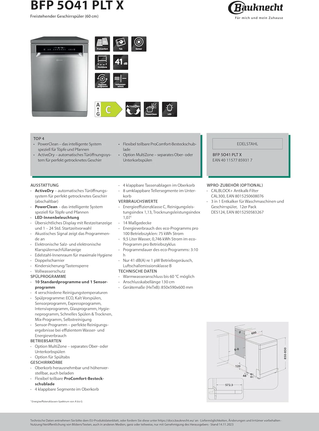 Bauknecht B7F HP43 XA Vrijstaande vaatwasser/ 60 cm/ 15 couverts/ PowerClean Pro-Effectieve hogedruksproeiers/ Natural Dry-Automatische deuropening-Betere droging/ Maxi Space-Meer binnenruimte