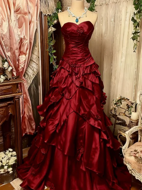 Wine Red Sweetheart Layers Taffeta Floor Length Party Dress