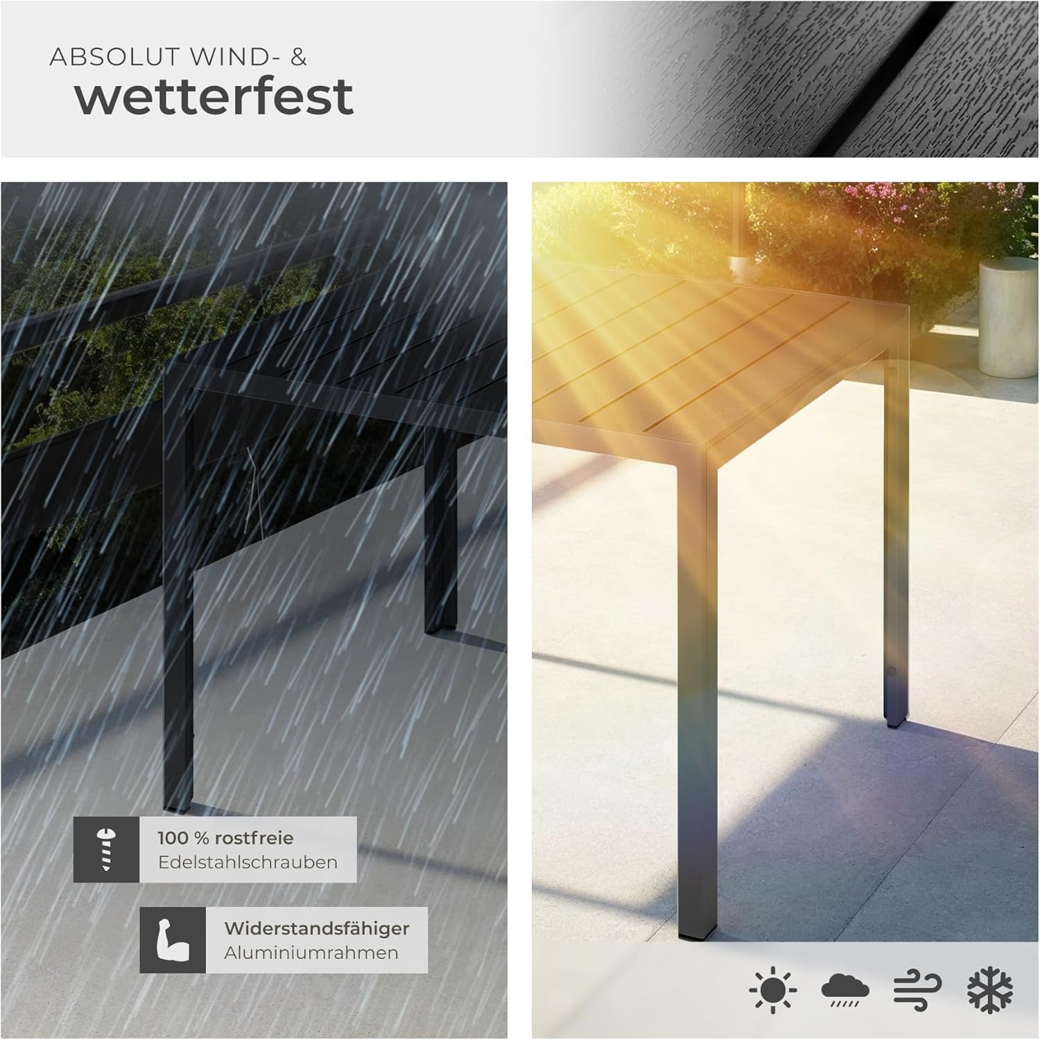 tectake® Gartentisch, Outdoor Esstisch, Balkontisch in Holz Optik, Terrassentisch mit Aluminiumrahmen, Gartenmöbel wetterfest, 90x90x74,5cm, Tisch für Garten, Lounge, Sitzgruppe - schwarz