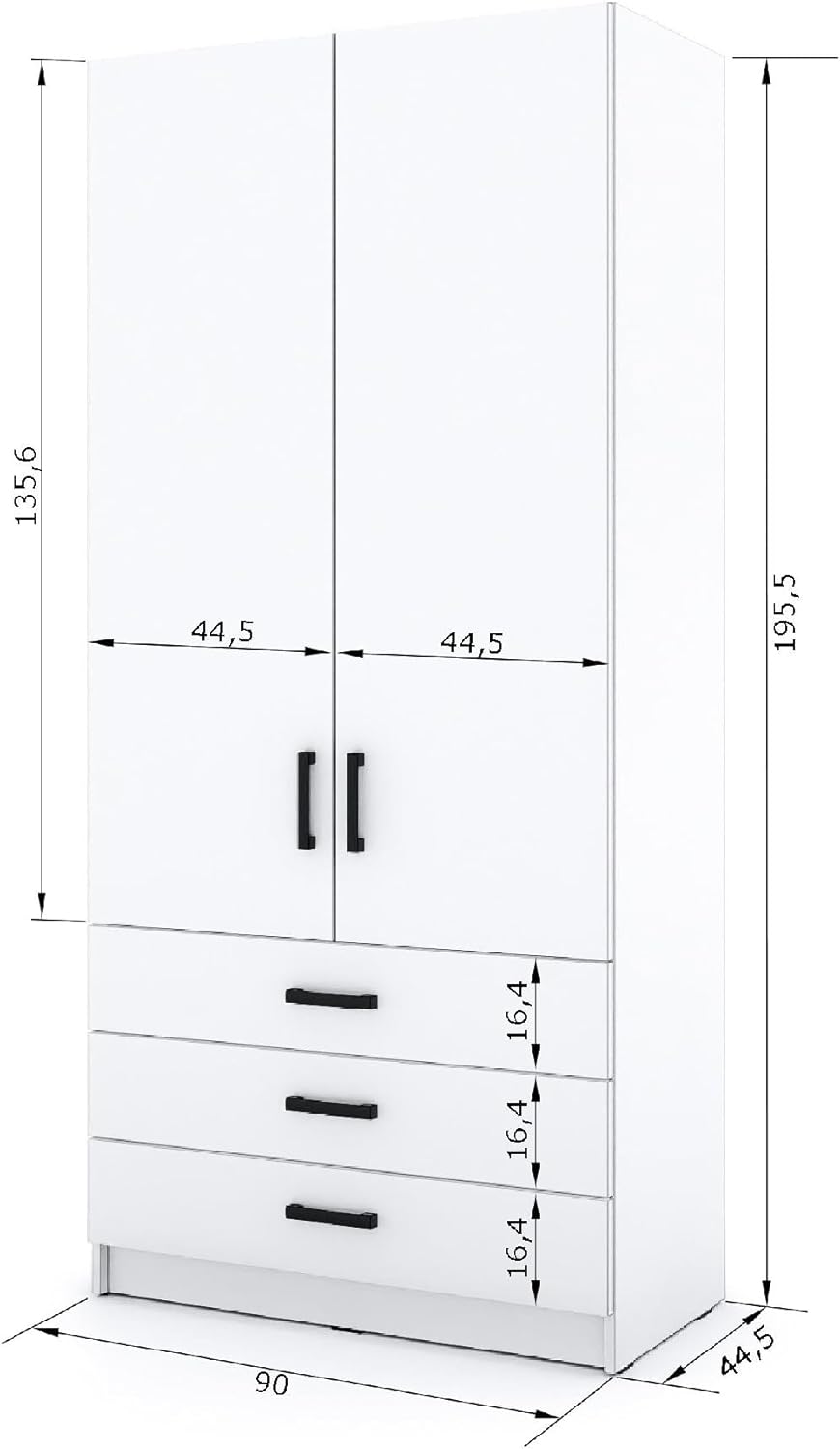 Kleiderschrank Sigma 90 cm breit mit 2 Drehtüren und 3 Schubladen Korpus in Kaschmir Schlafzimmerschrank Kinderzimmerschrank Systemschrank (Türen-Kaschmir, Schubladen-Kaschmir)