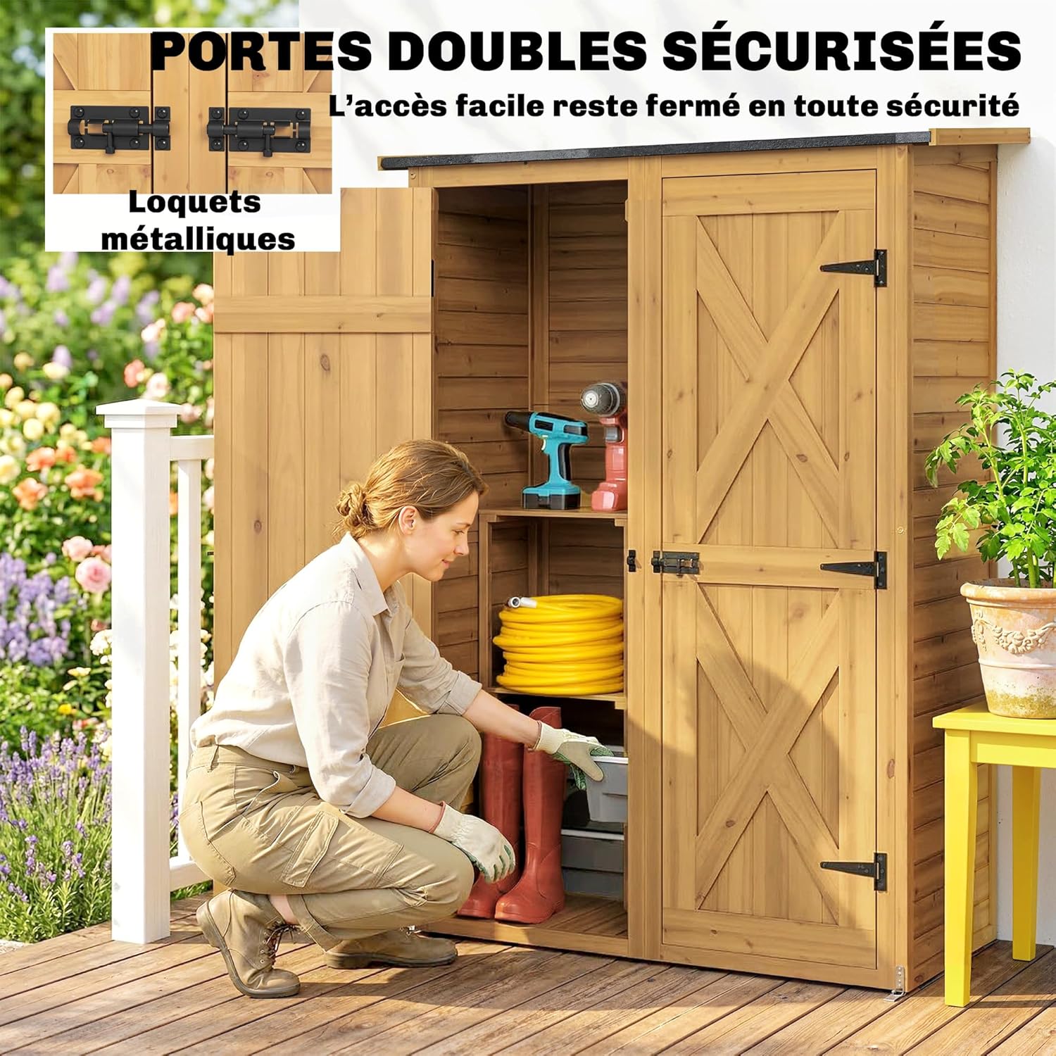 Outsunny Aufbewahrungsschuppen aus Holz, Gartenhaus mit 2 Regalen, Doppeltüren und Riegeln, Werkzeugschrank mit Schrägdach für Terrasse, Garten, Garage, Braun