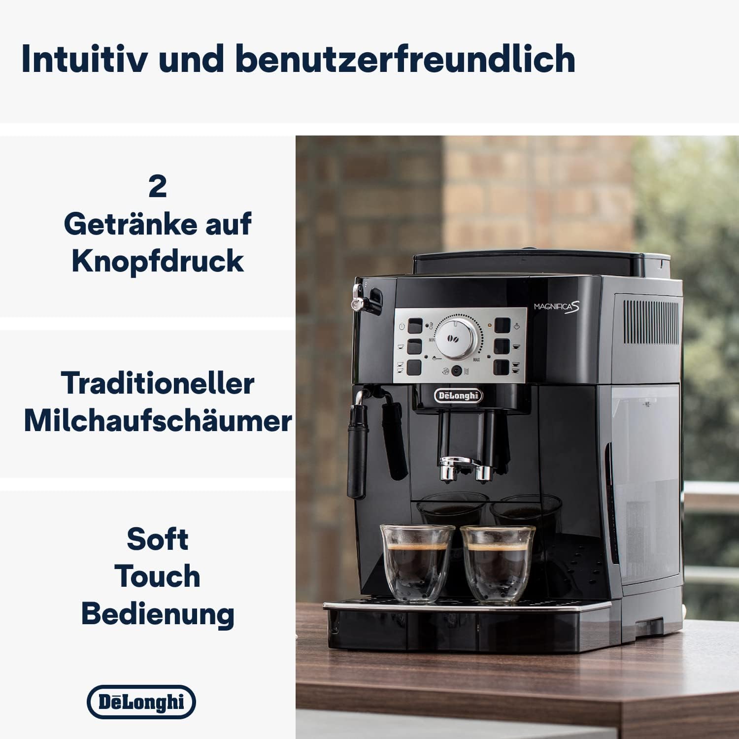 De'Longhi Magnifica Start ECAM222.60.BG, Kaffeevollautomat mit LatteCrema-Milchsystem für Automatischen Cappuccino, 4-Direktwahl-Tasten, Soft-Touch-Bedienfeld, x2-Funktion, 1450W, Schwarz/Grau