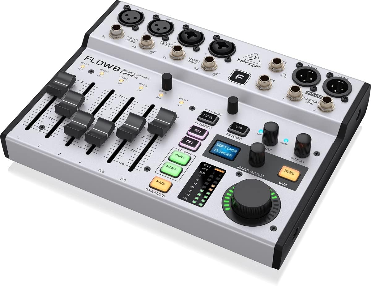 Behringer FLOW 8 8-Input Digital Mixer with Bluetooth Audio and App Control, 60mm Channel Faders, 2 FX Processors and USB/Audio Interface