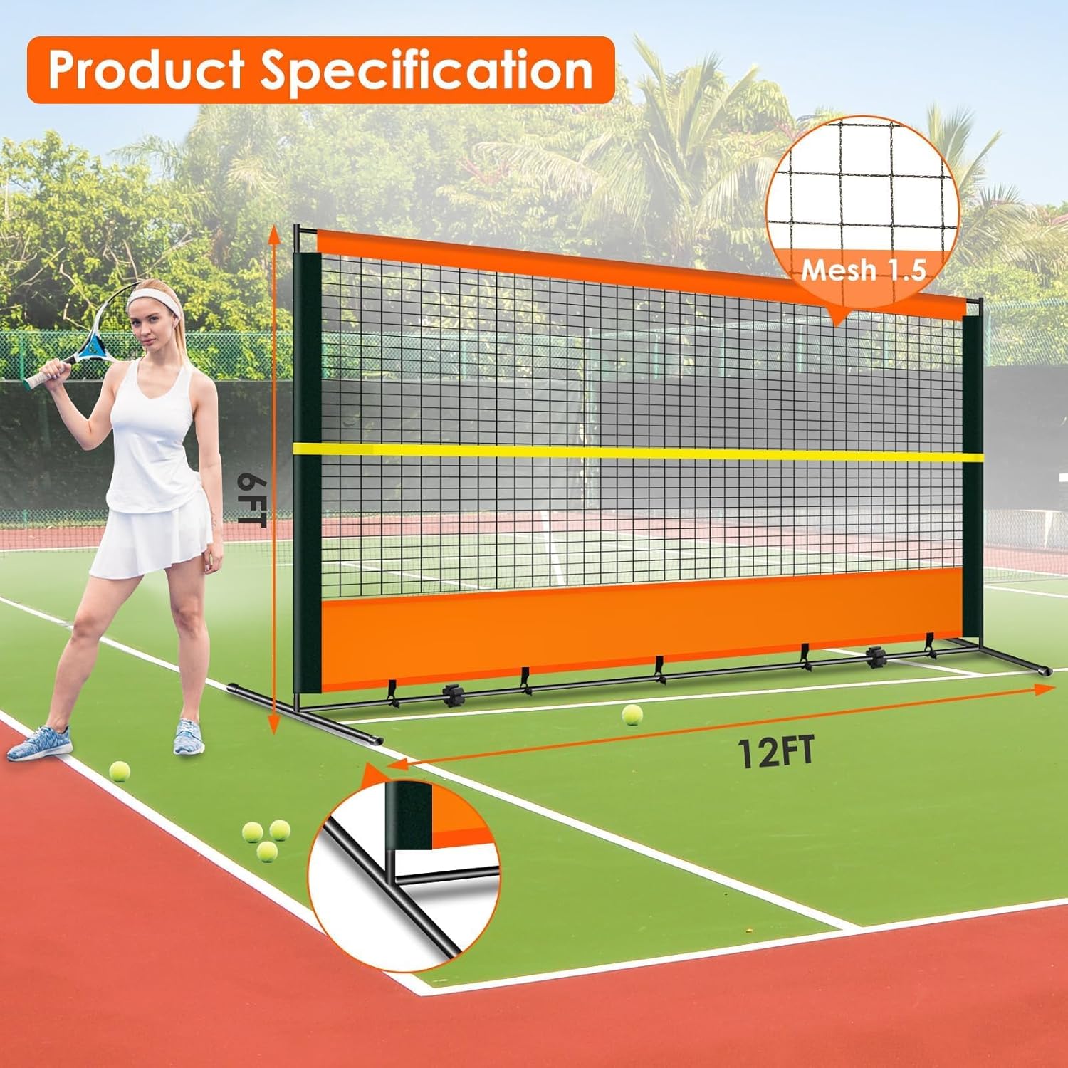 Tennis Rebound Practice Wall - 12ft x 6ft Rebounder Net for Tennis & Racquet Sports Ball & Pickleball, Training Tennis Backboard Net for Court Backyard and Indoor & Outdoor Training