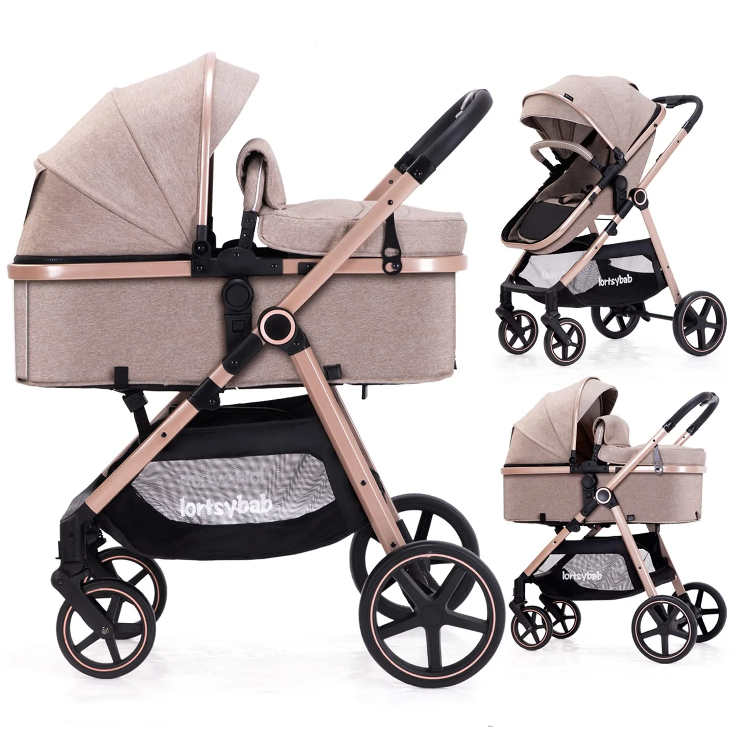 Lortsybab 2-in-1 Baby Stroller Folding Infant Newborn Pram Stroller with Reversible Seat
