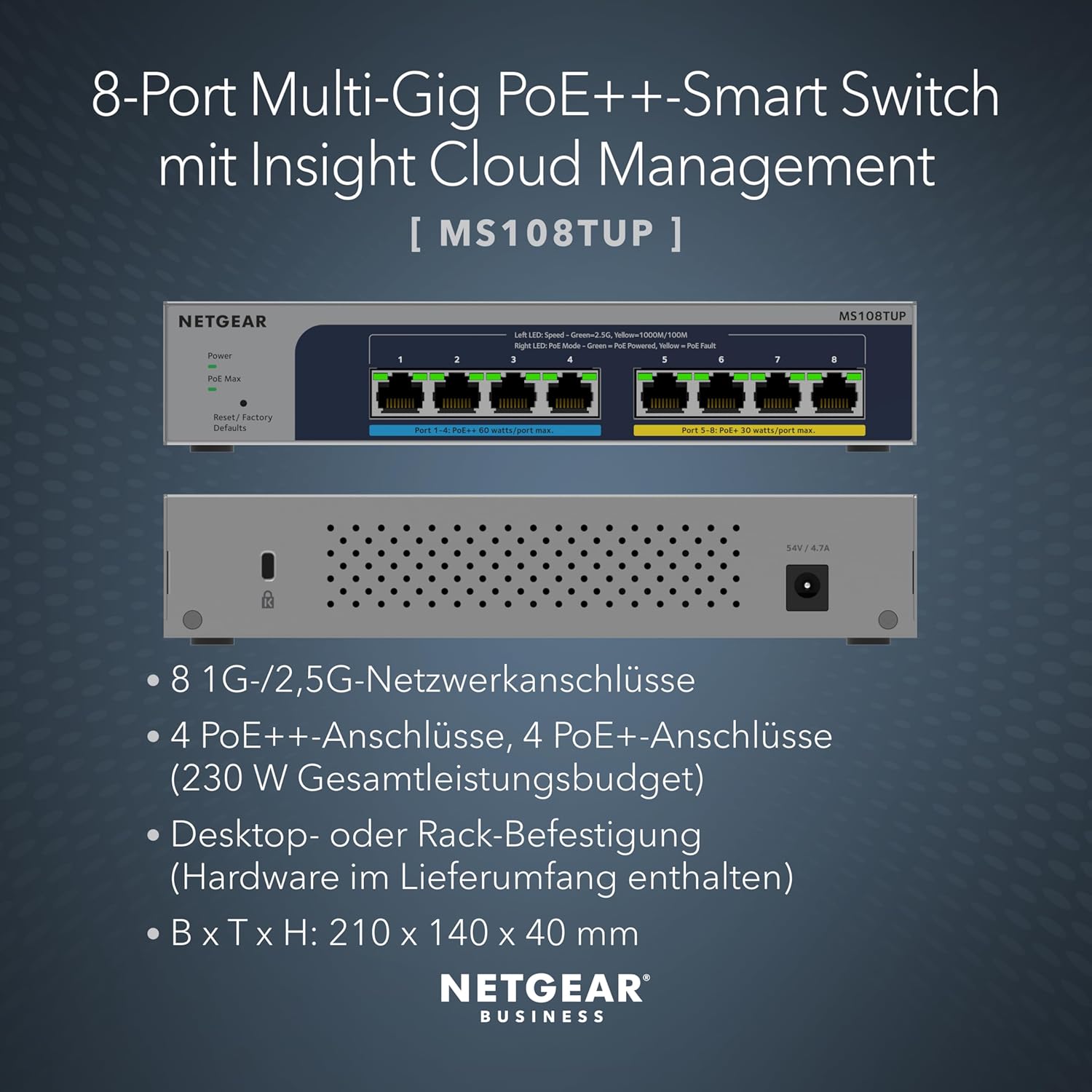 NETGEAR 8-Port Ultra60 PoE Multi-Gigabit Ethernet Plus Smart Switch (MS108TUP): Managed, mit 4 PoE++ und 4 PoE+ bei 230 W, optionales Insight Cloud Management, Desktop- oder Wandbefestigung