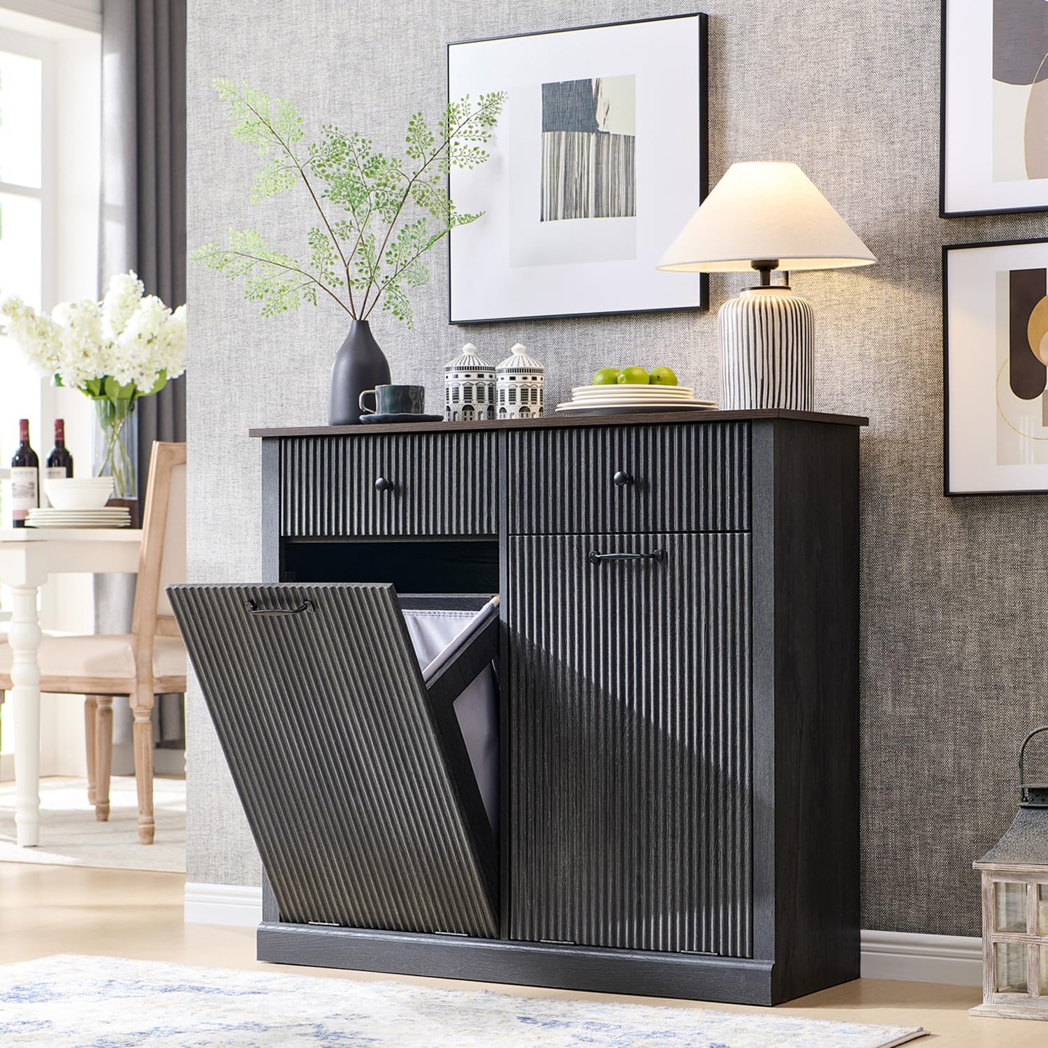 IFGET Modern Double Tilt-Out Trash Cabinet, 20 Gallon Fluted Laundry Hamper Cabinet with 2 Drawers, Wooden Hidden Garbage Can Cabinet with Storage Basket, Free Standing for Kitchen & Living Room, Grey