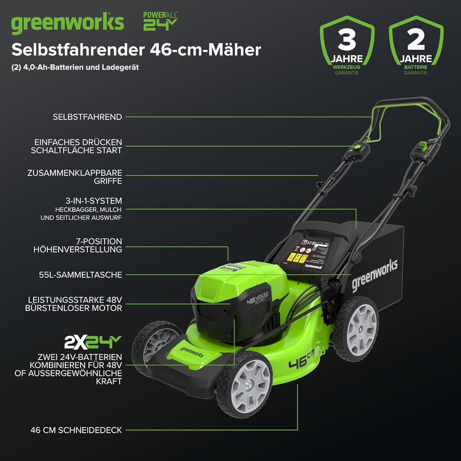 Greenworks Selbstfahrender Akku Rasenmäher 48V (24V x 2) bis zu 480m2, 46cm Schnittbreite, 55L Sack Rasenmäher Elektro Plus Zwei 4Ah-Akkus und Doppelladegerät,3 Jahre Garantie,GD24X2LM46SPK4X