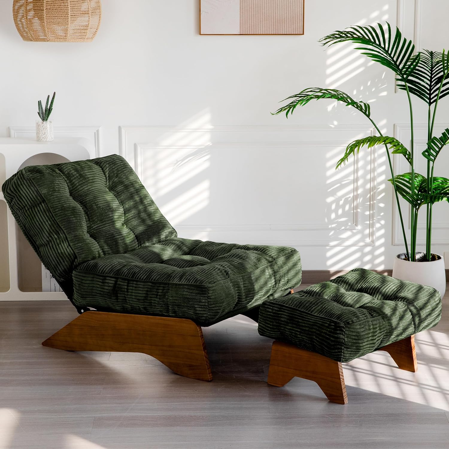 MAXYOYO Accent Chair with Ottoman Adjustable Backrest, Tufted Living Room Chair Upholstered Lounge Chair with Footrest Set, Modern Chair Cozy Reclining Chair for Reading Room, Green