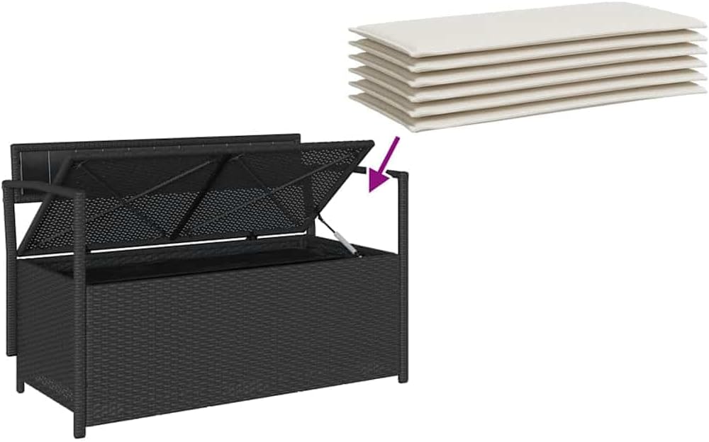 vidaXL Gartenbank mit Stauraum und Kissen Schwarz Poly Rattan, Gartenbank, Parkbank, Outdoor-Bank, Sitzbank, Terrassenbank, Außenbank, Gartenmöbel