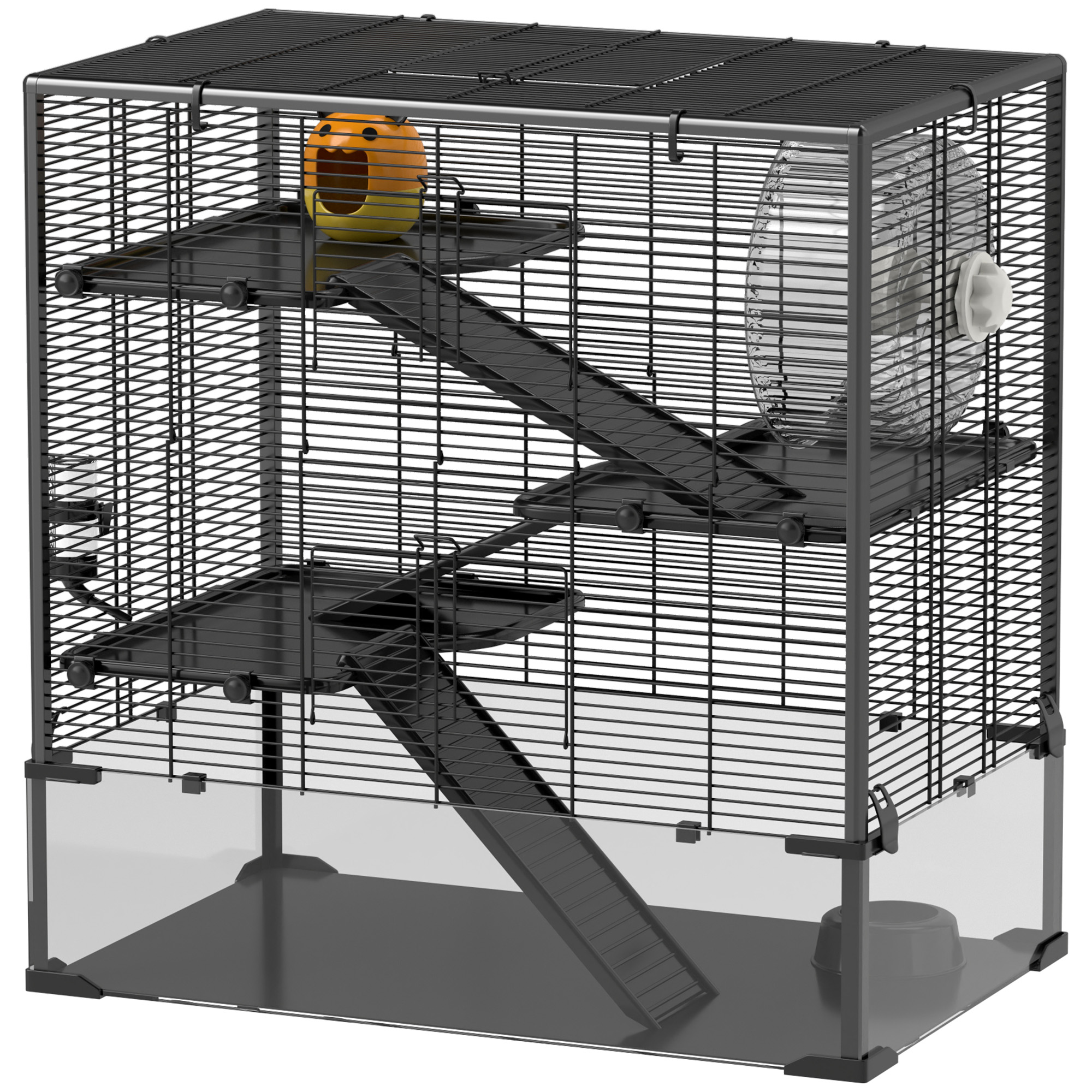 Hamsterkooi met glazen bodem, 4-niveau knaagdieren verblijf met hut en accessoires, 78,5L x 48,5B x 80H cm, Zwart