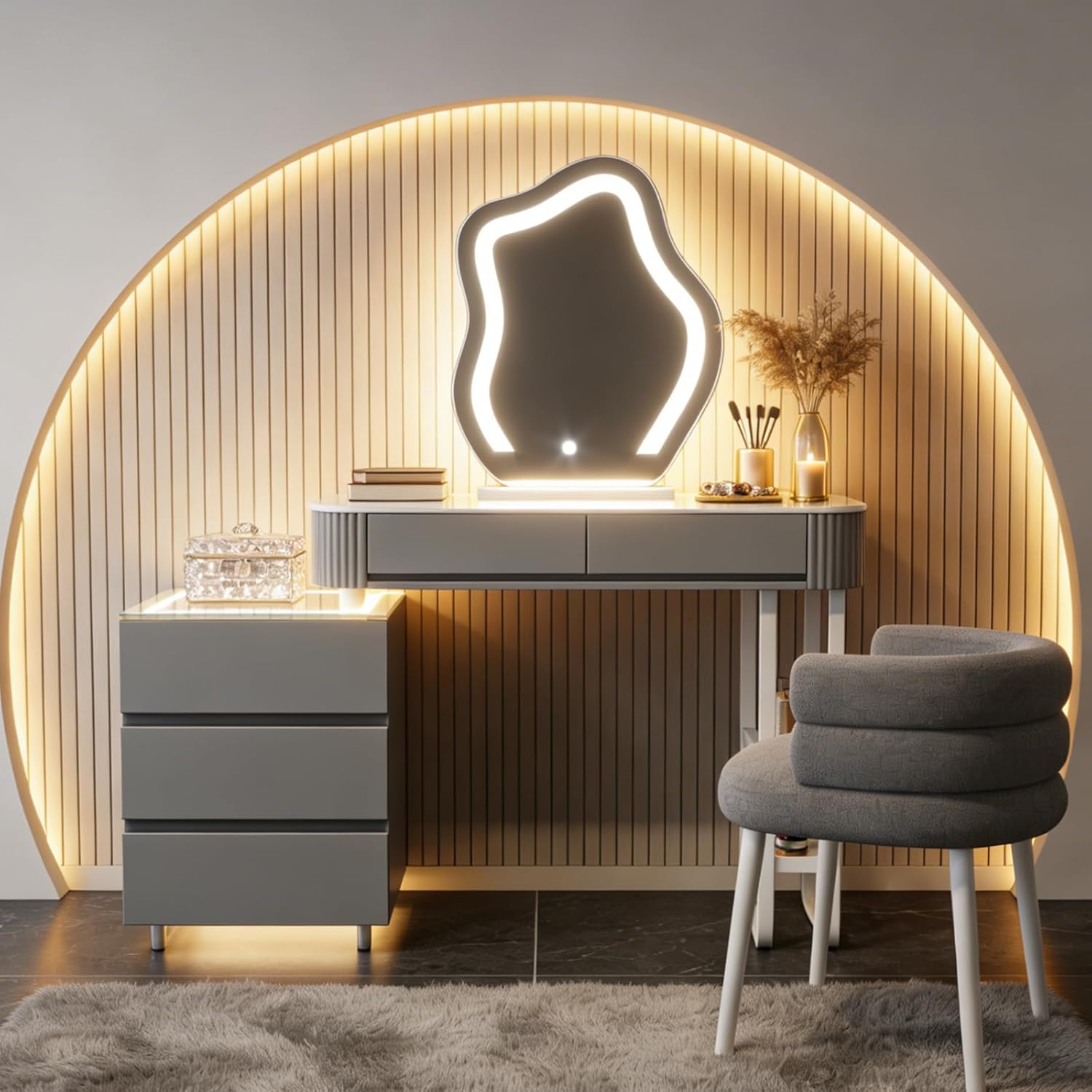 Schminktisch Mit Beleuchtung Und Hocker,Moderner Frisiertisch Mit Kabelloser Aufladung,Bluetooth-Audio,Schminktisch Mit Spiegel,3 Farben,Für Das Schlafzimmer (Graues Schminktisch-Set)