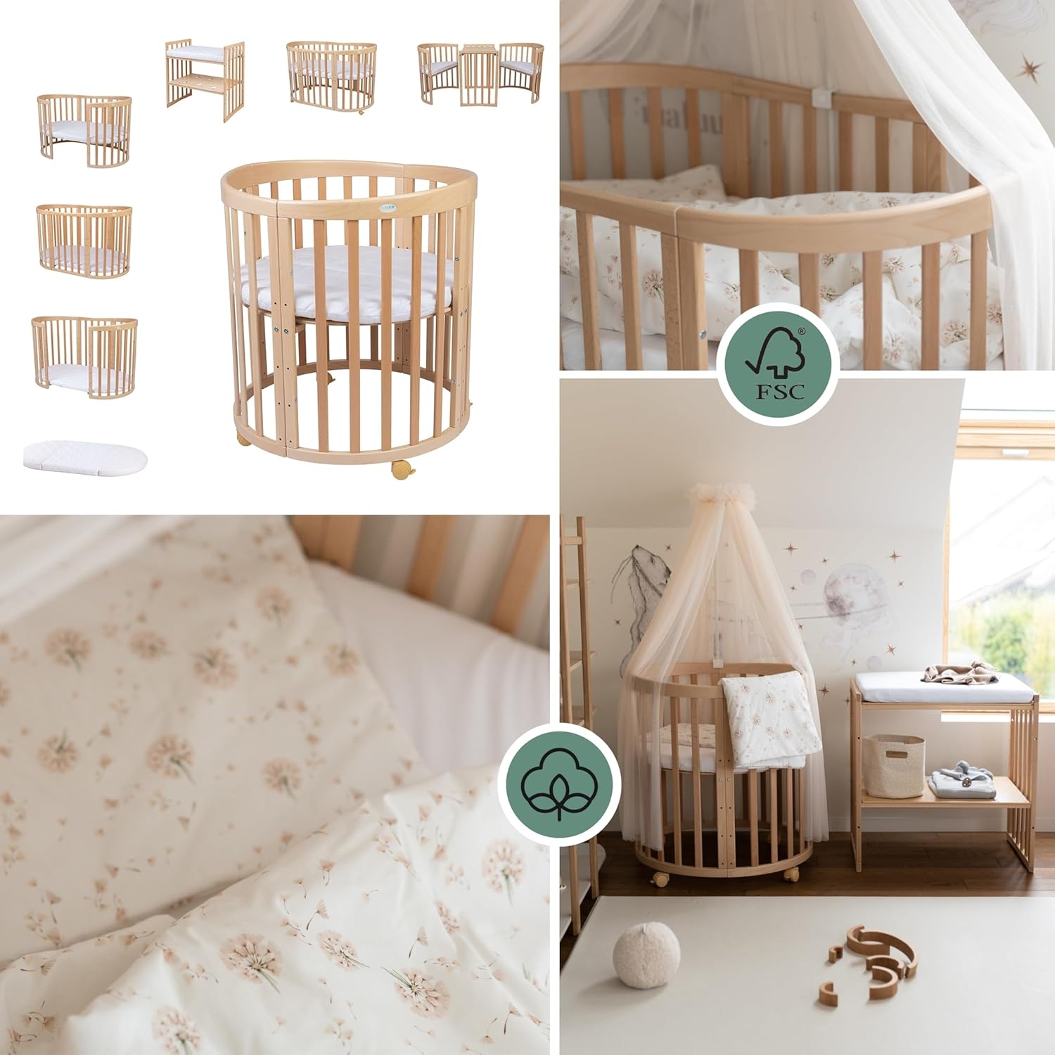 Waldin Oval Baby-Bett Mitwachsend Komplett Set 7in1, Gitterbett, Kinderbett mit Matratze, Wickelkommode, Beistellbett, Holz Weiß