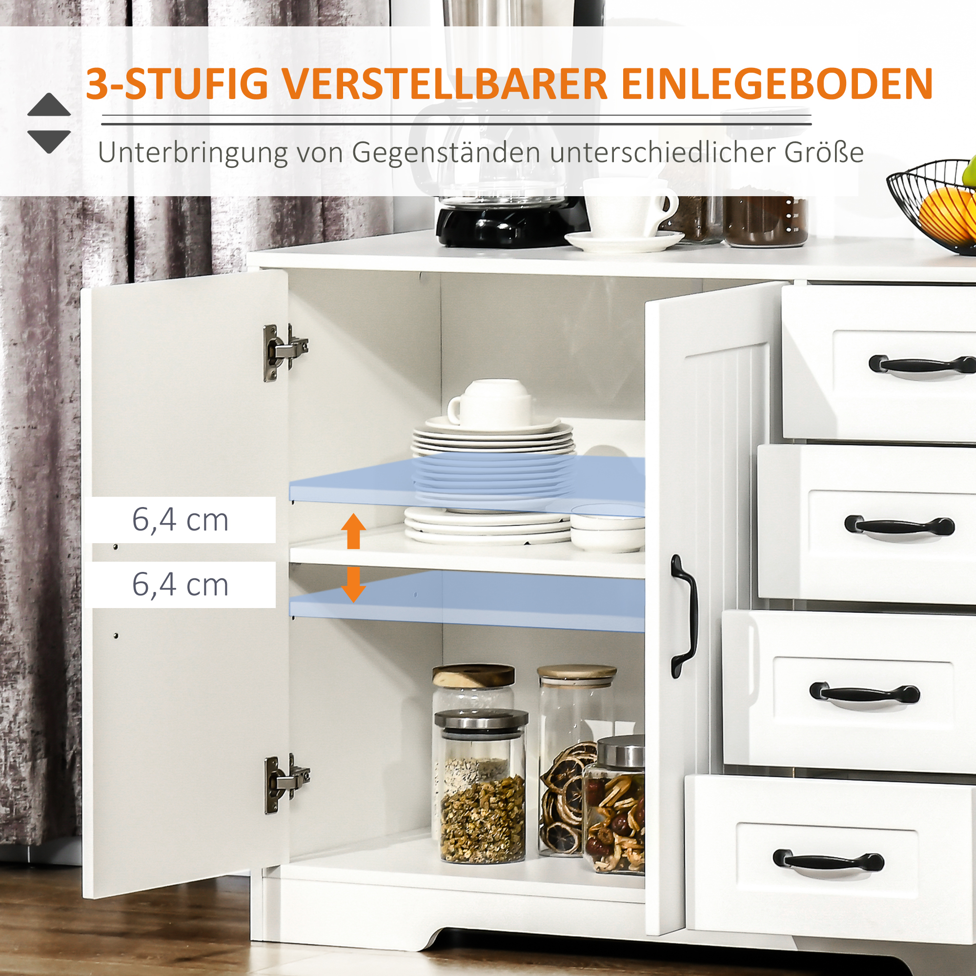 Sideboard Dressoir, Modern Stijl, 4 Lades, 1 Kast, 105 cm x 40 cm x 76 cm, Wit