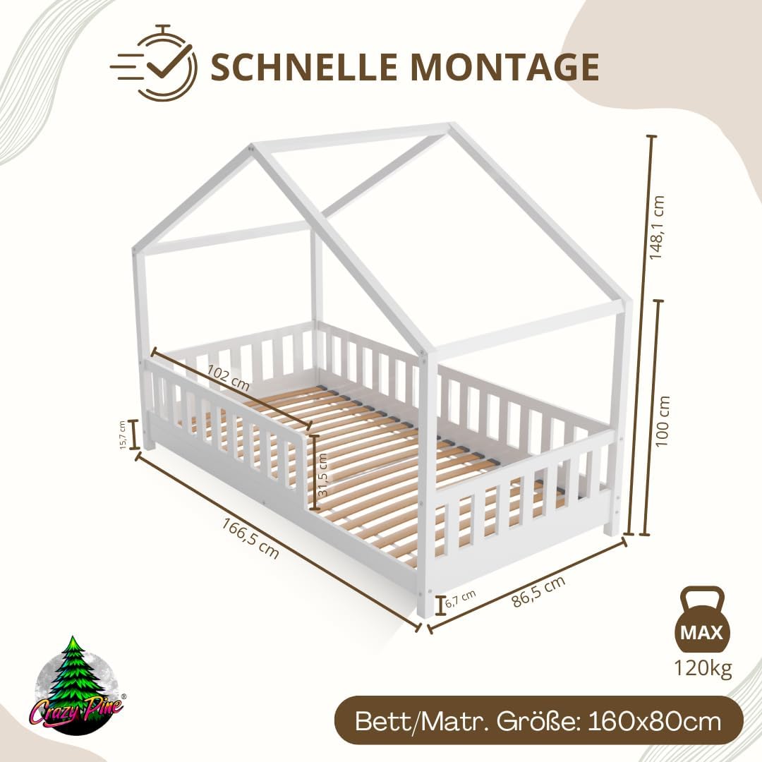 Crazy Pine Hausbett mit Schubladen 200x90 cm – Kinderbett aus Naturholz mit Rausfallschutz – Montessori Bodenbett mit zusätzlichen Stauraum und und Abnehmbarer Barriere - Crazy House