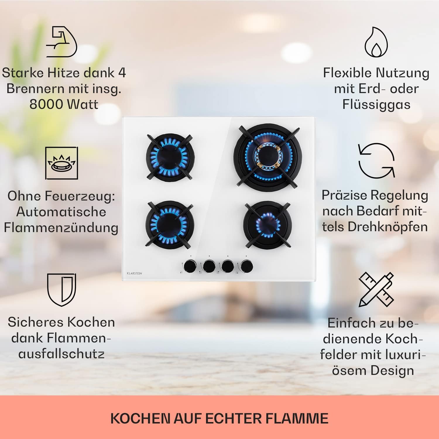 Klarstein Gasherd, Gaskochfeld 4 Flammig, Einbau-Gaskocher für Zuhause & Wohnmobil, Campingkocher mit Glasplatte, Gasherd für Propan- und Erdgas, Edelstahl Gas-Herdplatte Wok Brenner 8000 Watt