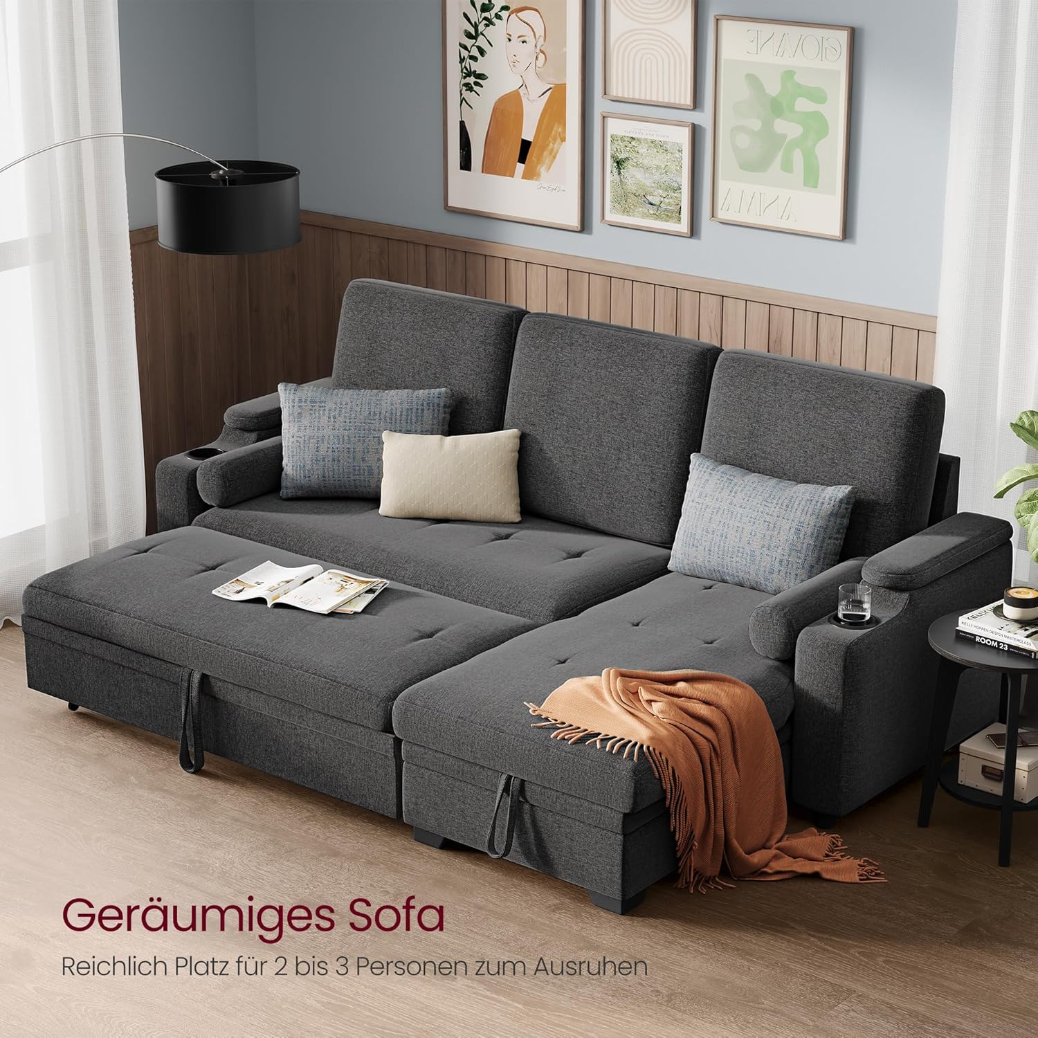VASAGLE Schlafsofa, Schlafcouch, Bettsofa mit Stauraum, Polstermöbel, Bezug aus Baumwoll-Leinen-Mischgewebe, Becherhalter, modern, Gästezimmer, grau LCS801G01