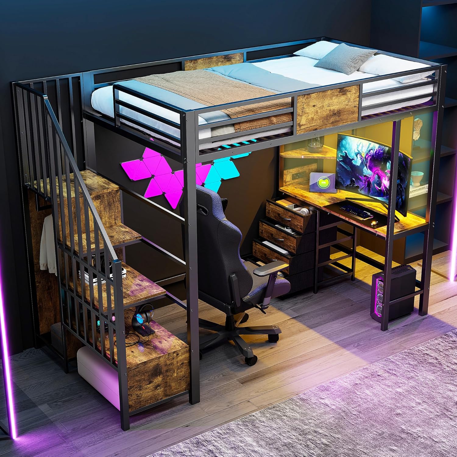 Merax Hochbett 90×200 cm aus Metall, mit Schreibtisch, Offener Kleiderschrank, Loftbett mit LED-Beleuchtung und Steckdose, platzsparendes Etagenbett (ohne Matratze)