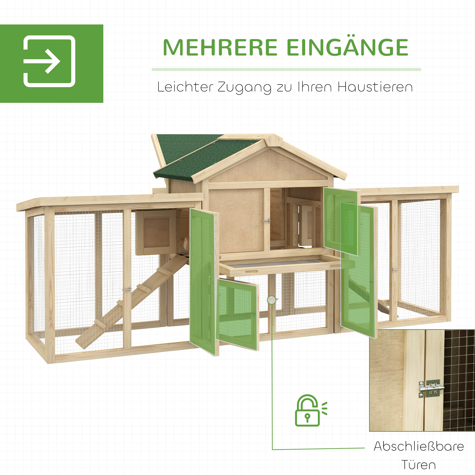 PawHut Kippenren met Buitenverblijf, Incl. Legkast, Helling en Bodemlade Dennenhout Natuurhout
