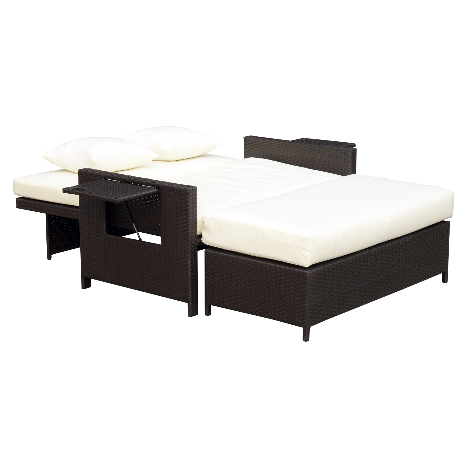 Outsunny Poly-rotan loungebank 2-zits set ligstoel kruk bruin