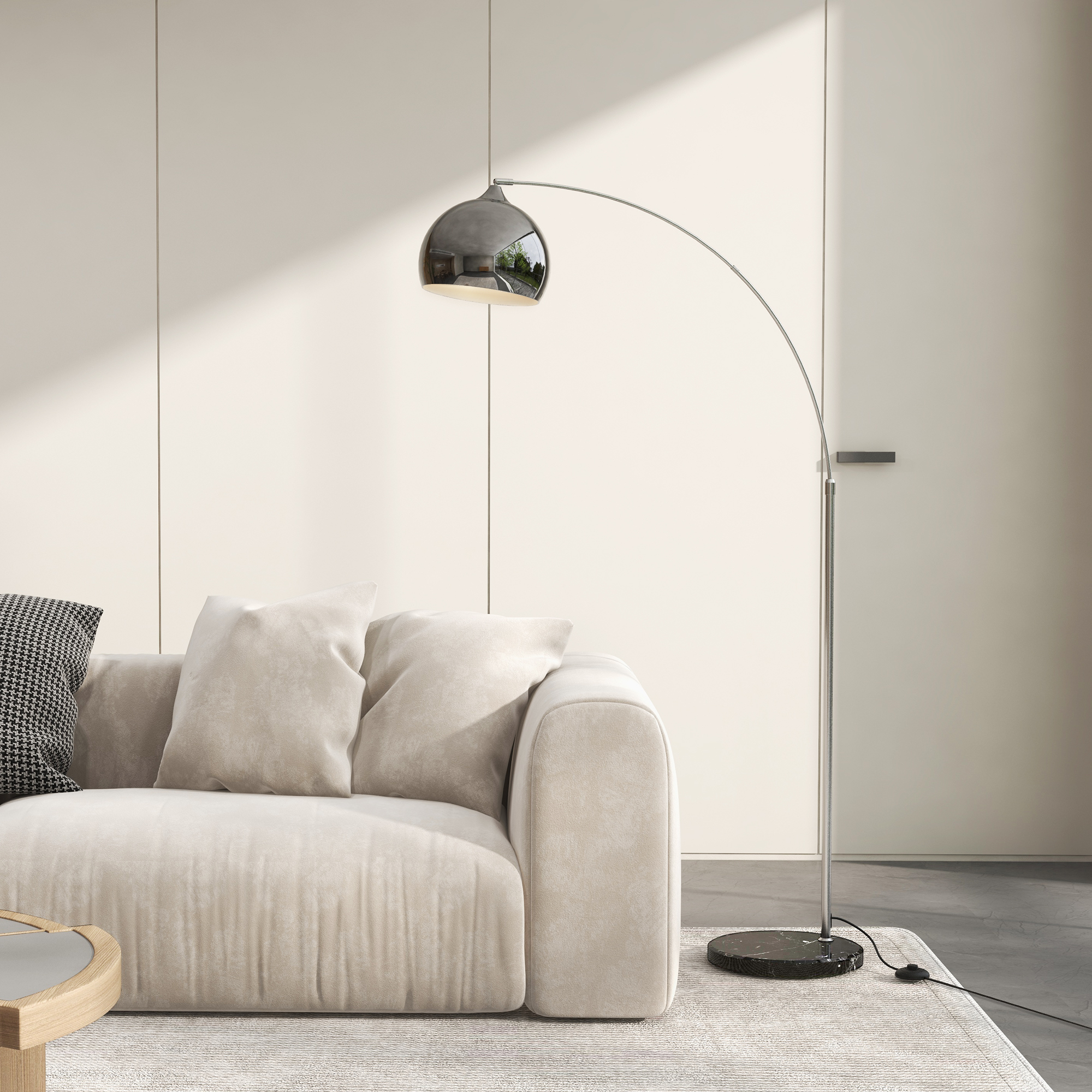 Booglamp, Staande Lamp, Verstelbaar, Voetschakelaar, Voet in Marmerlook, 170-180cm, Zilver/Zwart