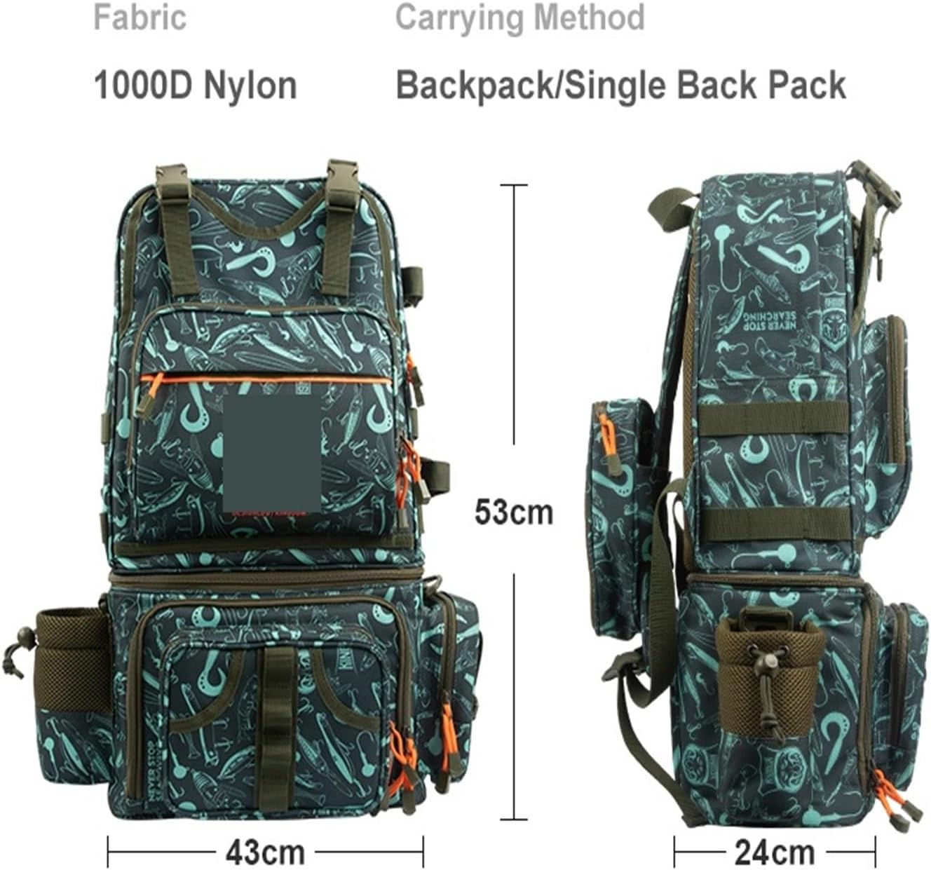 Angelrucksack, 1000D wasserdichtes Nylon, 43 x 24 x 53 cm, großes Fassungsvermögen, multifunktionaler, Abnehmbarer Stauraum for das Winterangeln