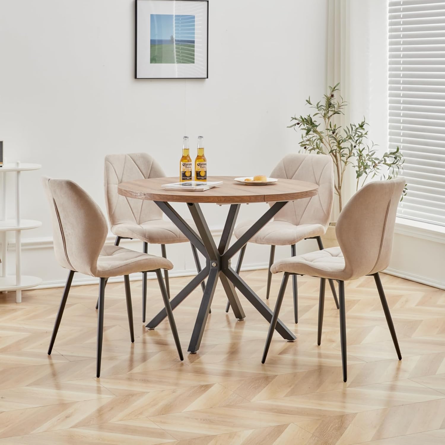 8er-Set Esszimmerstuhl, Küchenstuhl aus Leinen-Diamantgewebe, Gepolsterter Stuhl mit Hochdichtem Rückprallschwamm Gefüllt, Geeignet für Esszimmer, Küche, Wohnzimmer, Schlafzimmer - Beige