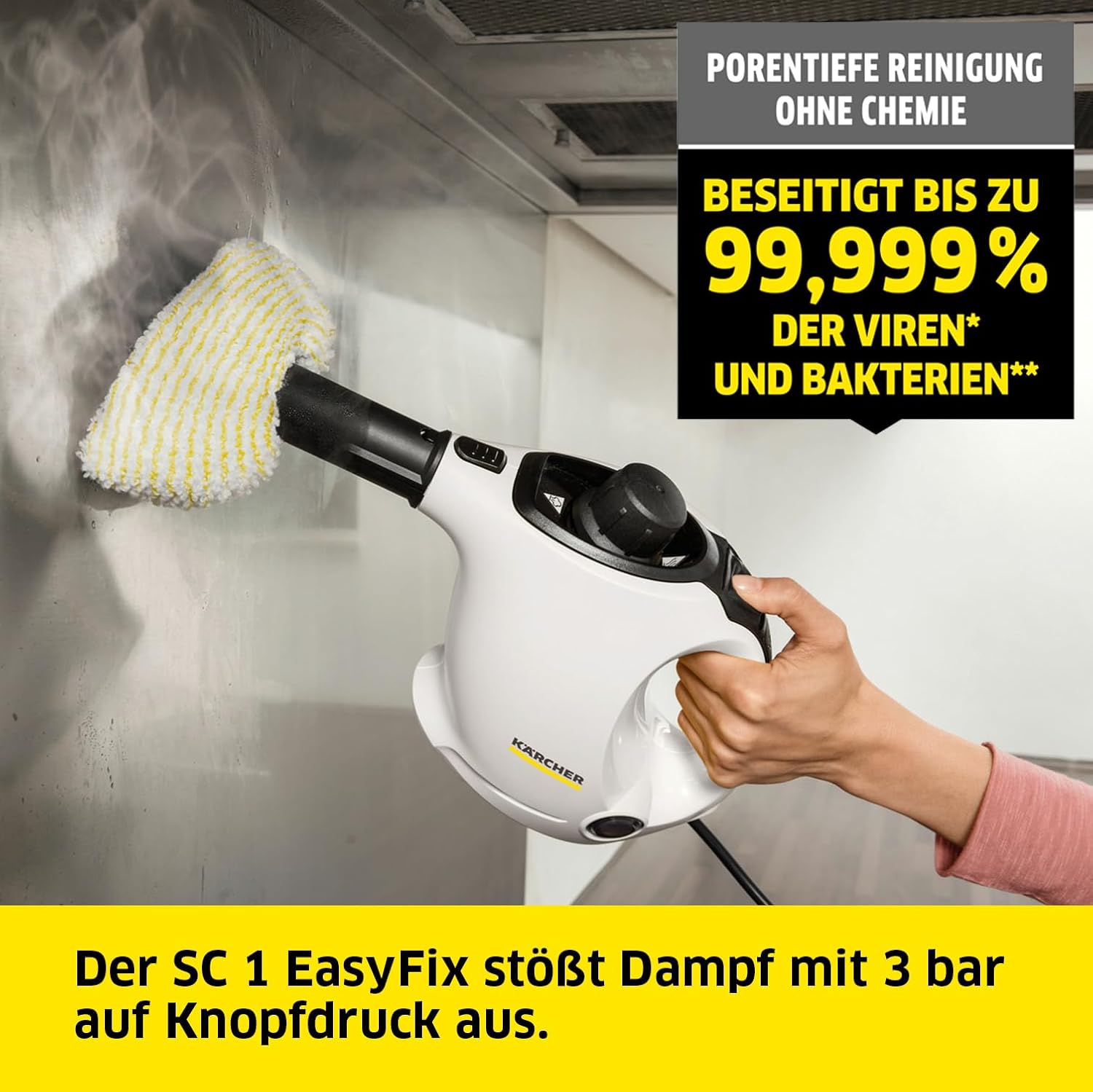 Krcher Dampfreiniger SC 1, Dampfdruck: 3 bar, Aufheizzeit: 3 min., Leistung: 1.200 W, Flchenleistung: 20 m, Tank: 200 ml, mit Hand-, Punktstrahl- und Powerdüse, Mikrofaser-berzug und Rundbürste