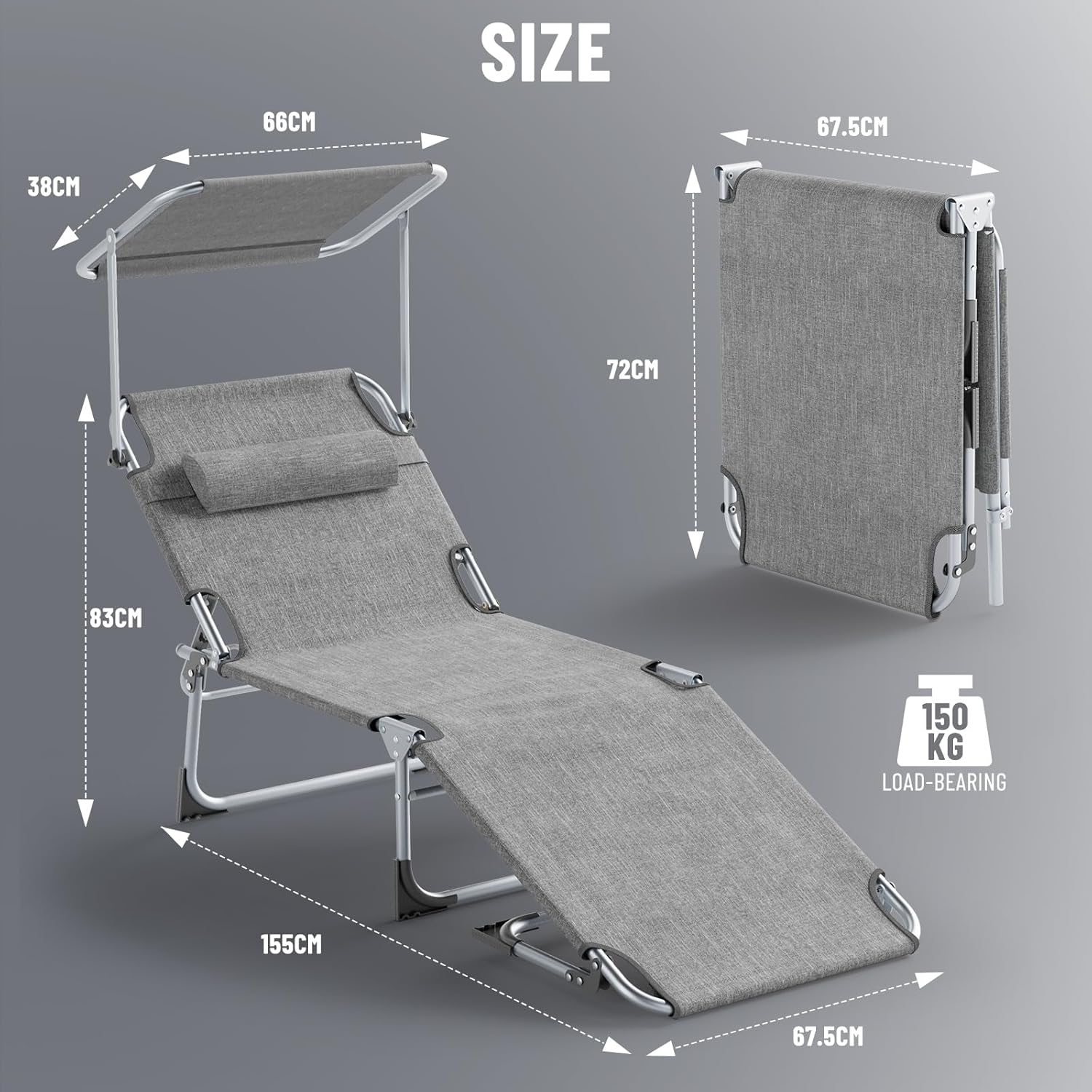 Sonnenliege klappbar 2er Set 194 X 68 X 29 cm, Aluminium Liegestuhl trägt bis zu 150kg, Strandliege Gartenliege wetterfest Sonnenschutz mit Verstellbarer Rückenlehne, Hellgrau