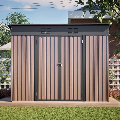 Geräteschuppen Metall 8 x 4 Fuß mit Fundament, Gerätehaus wetterfest als Fahrradgarage für 2-3 Fahrräder, Mülltonnenbox & Gartengerätehaus, verzinkter Stahlschuppen mit Schrägdach & Belüftung, Braun