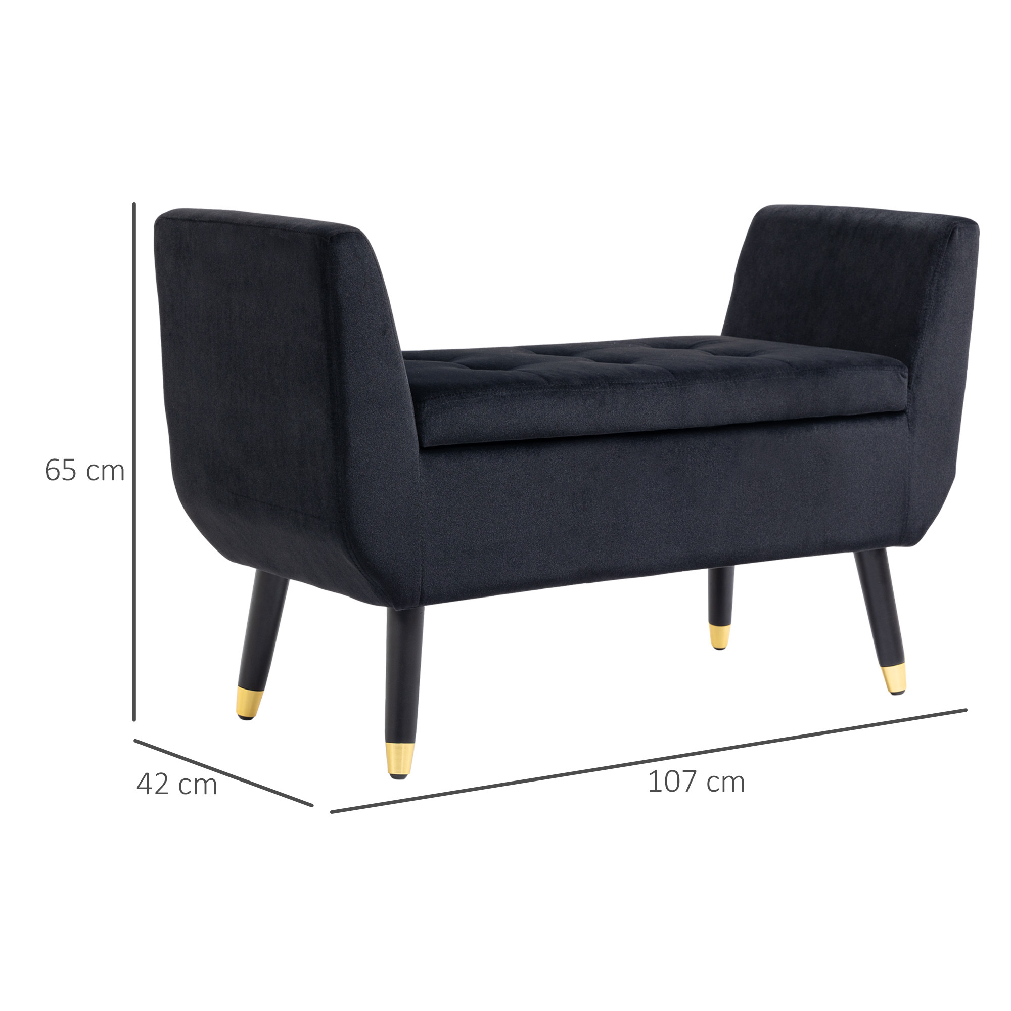 luxe bank gestoffeerde bank met opbergruimte armleuningen bank fluweelzacht polyester rubber hout zwart 107 x 42 x 65 cm
