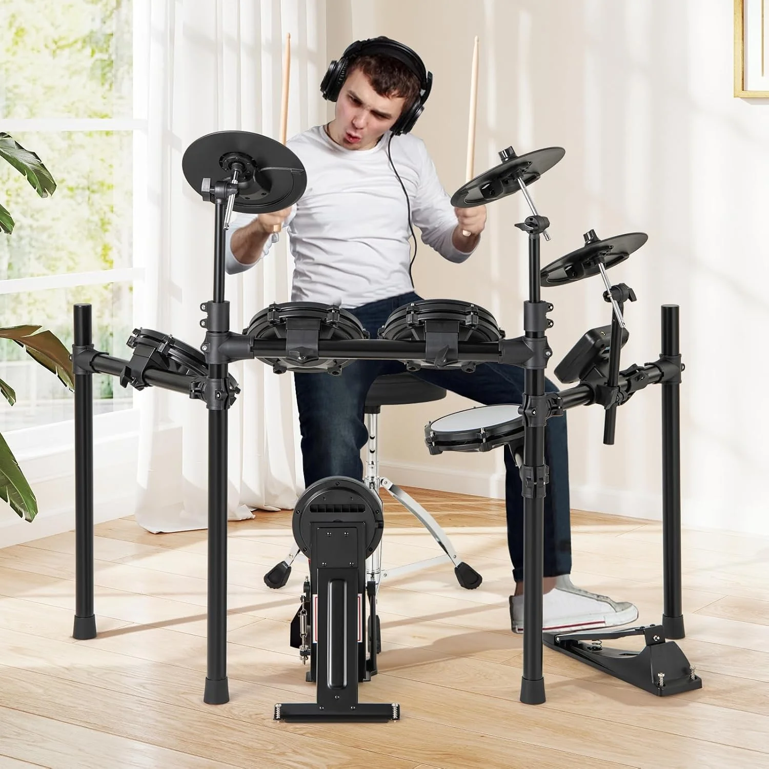 COSTWAY Batería Eléctrica, Kit de Batería Plegable con Pads de Malla Silenciosos, Platillo, 225 Sonidos y 30 Demos, Metrónomo y USB Midi, Bombo, 2 Baquetas, Taburete Ajustable, para Adultos y Niños