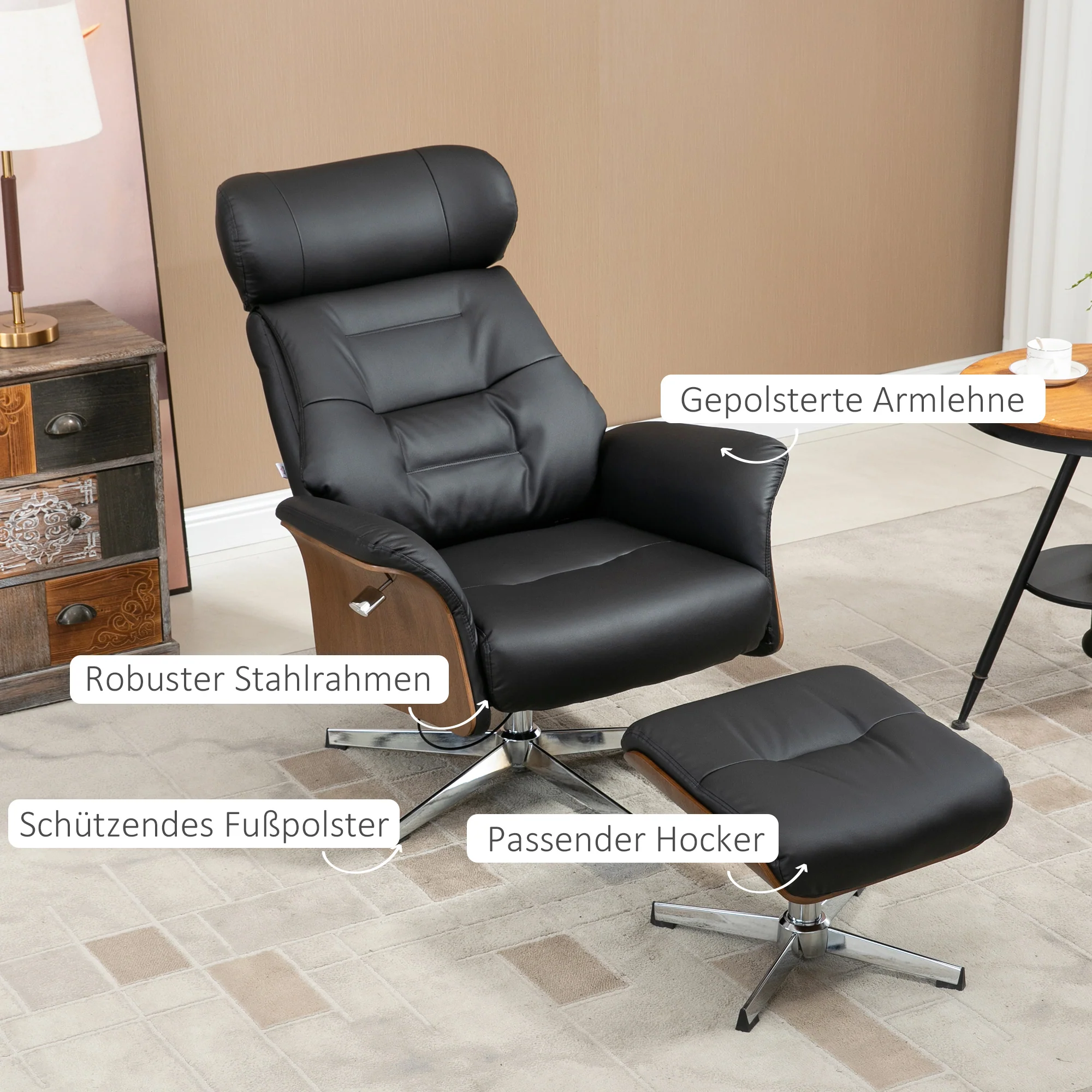 HOMCOM Fauteuil met voetenbank, 360° draaibaar, ligfunctie, leesstoel, zwart, 80 x 84 x 108 cm