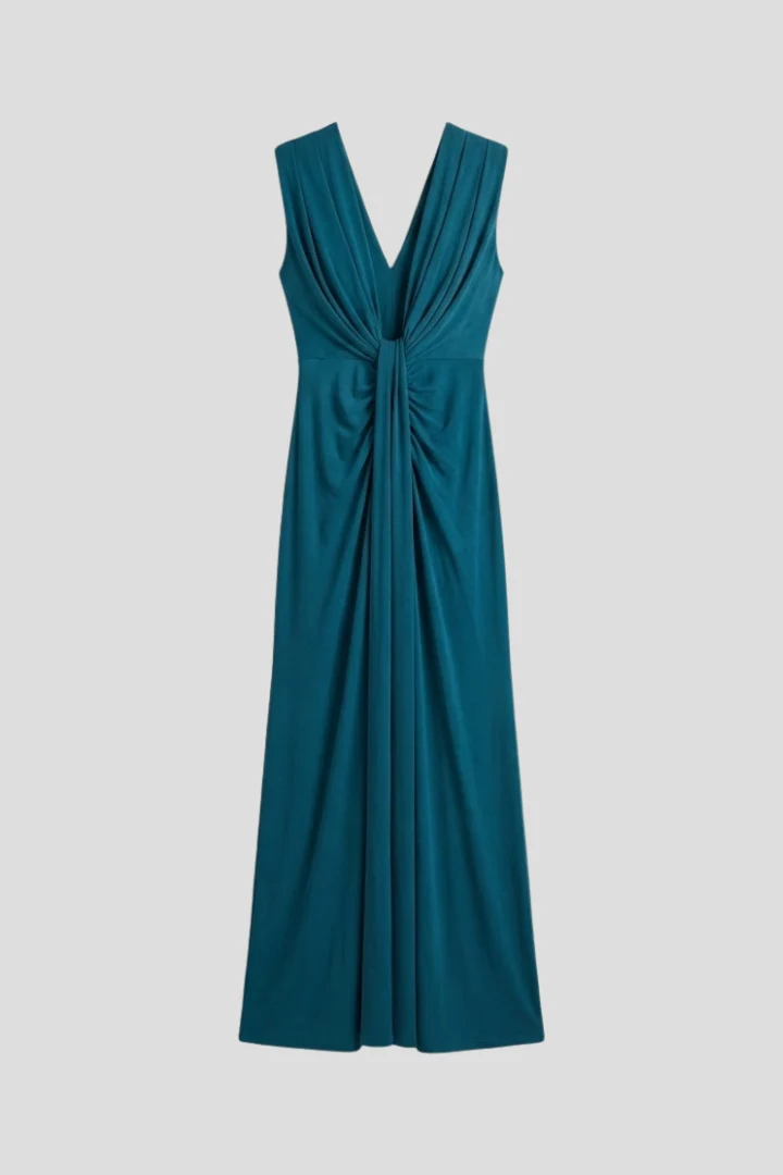 Damen Maxikleid mit V-Ausschnitt | ?rmelloses Abendkleid bodenlang mit vertikaler Plissierung f��r festliche Anl?sse