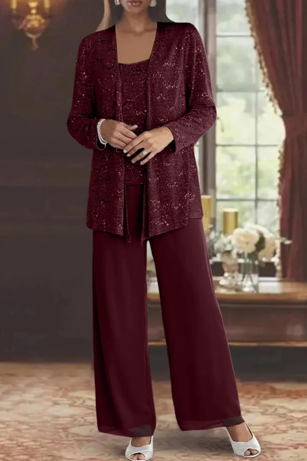 Damen Hosenanzug 3-teilig festlich | Set mit Pailletten-Spitzenjacke und weiter Hose | Elegantes Outfit f��r Hochzeitsg?ste