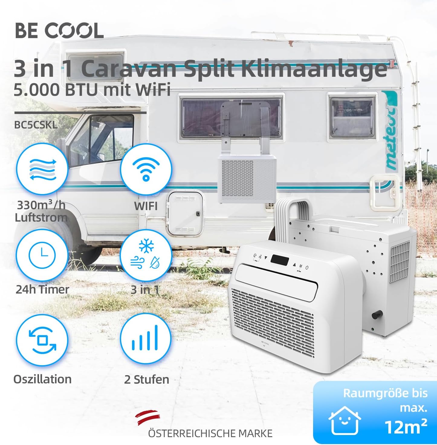 BE COOL BC5CSKL26 3in1 Mini Split Klimaanlage 5000 BTU mit WiFi, App-Steuerung, Kühlen, Lüften, Entfeuchten, 24h Timer, Schlafmodus, für Räume bis 12 m², Wohnmobil, Wohnwagen, weiß