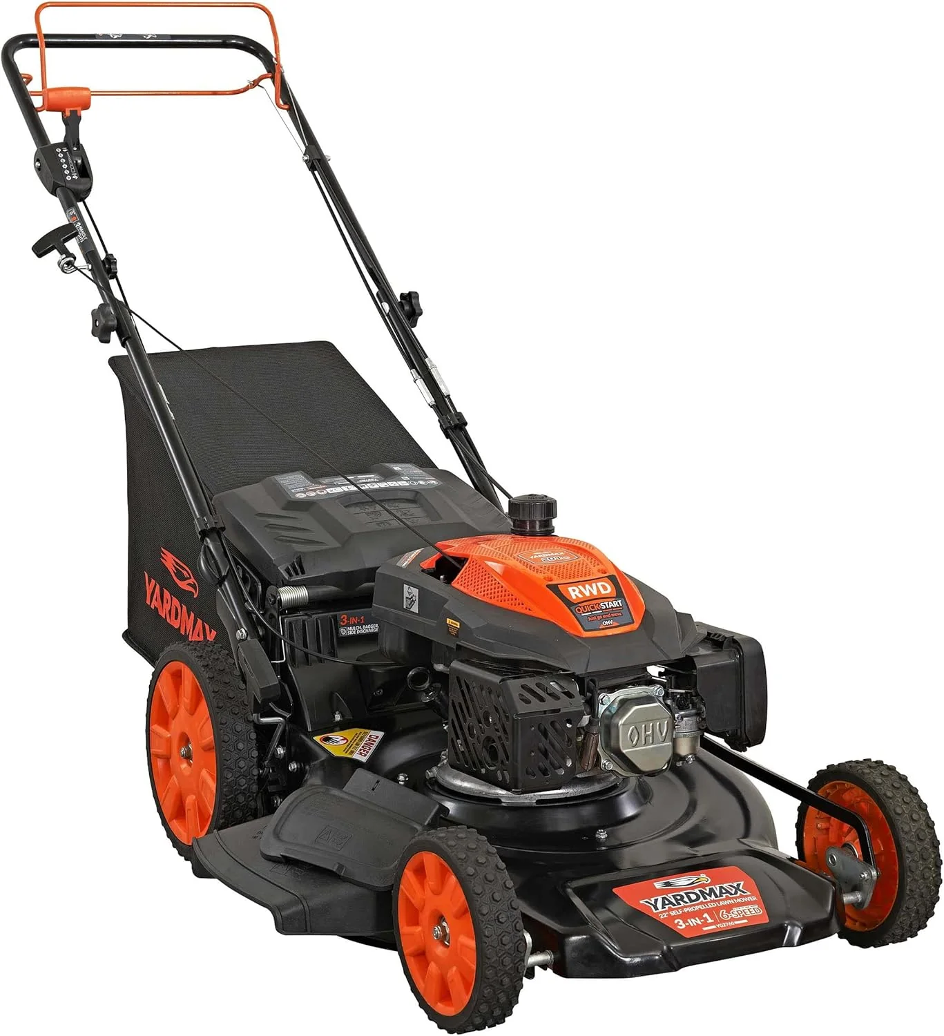 YARDMAX 22 in. 201cc Select PACE 6 Speed CVT High Wheel RWD 3-in-1 Gas Walk Behind Self Propelled Lawn Mower, Black