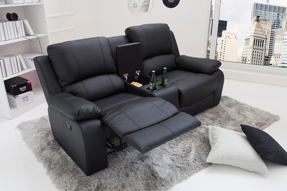 invicta INTERIOR Exklusiver 2er Kino Sessel Hollywood 190cm schwarz Fernsehsessel mit Getränkehalter Zweisitzer Fernsehsessel mit Liegefunktion