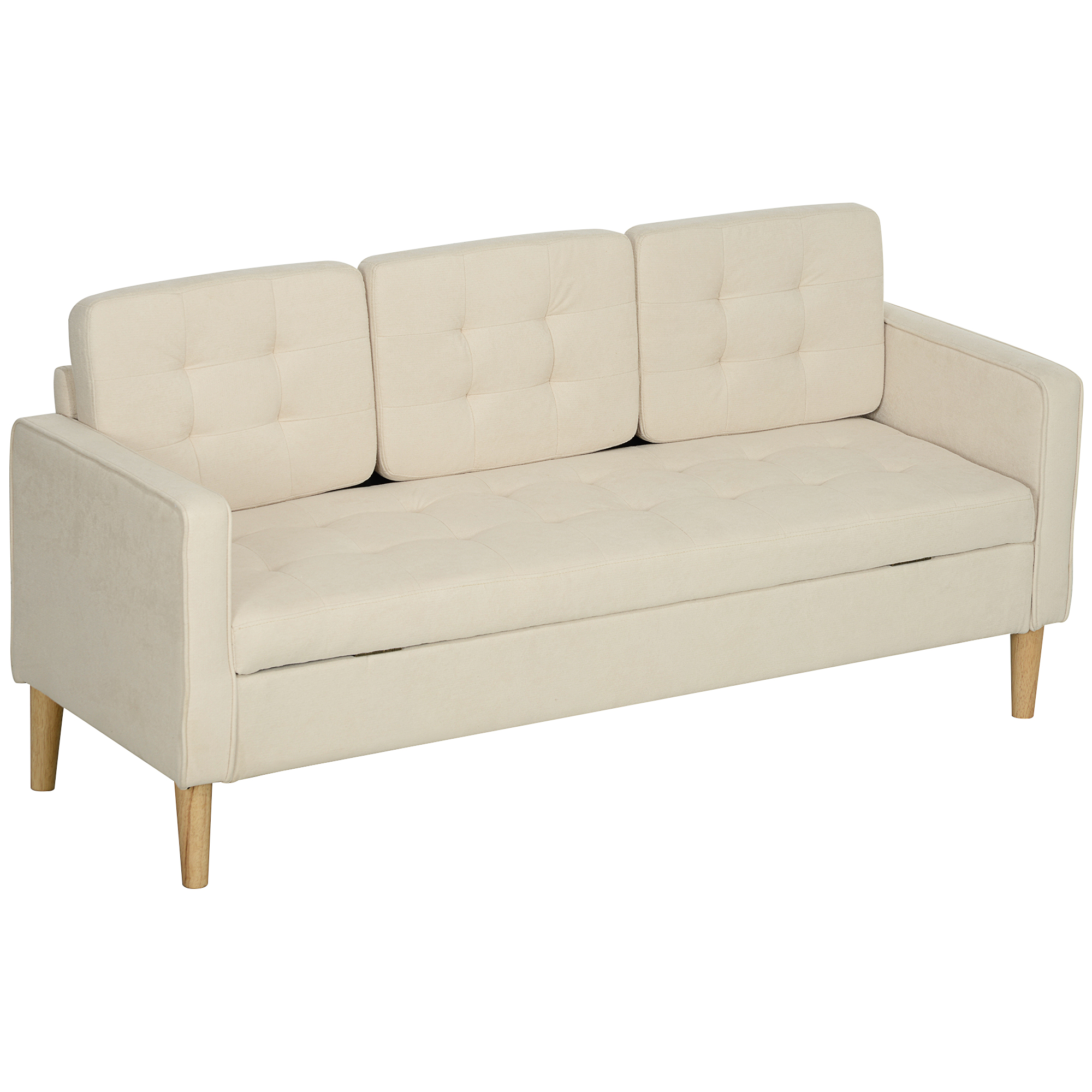 3-Zits Sofa met Opbergruimte, Knoopstiksel, Gepolsterde Bank, 166,5 x 62 x 82 cm, Cr��mewit
